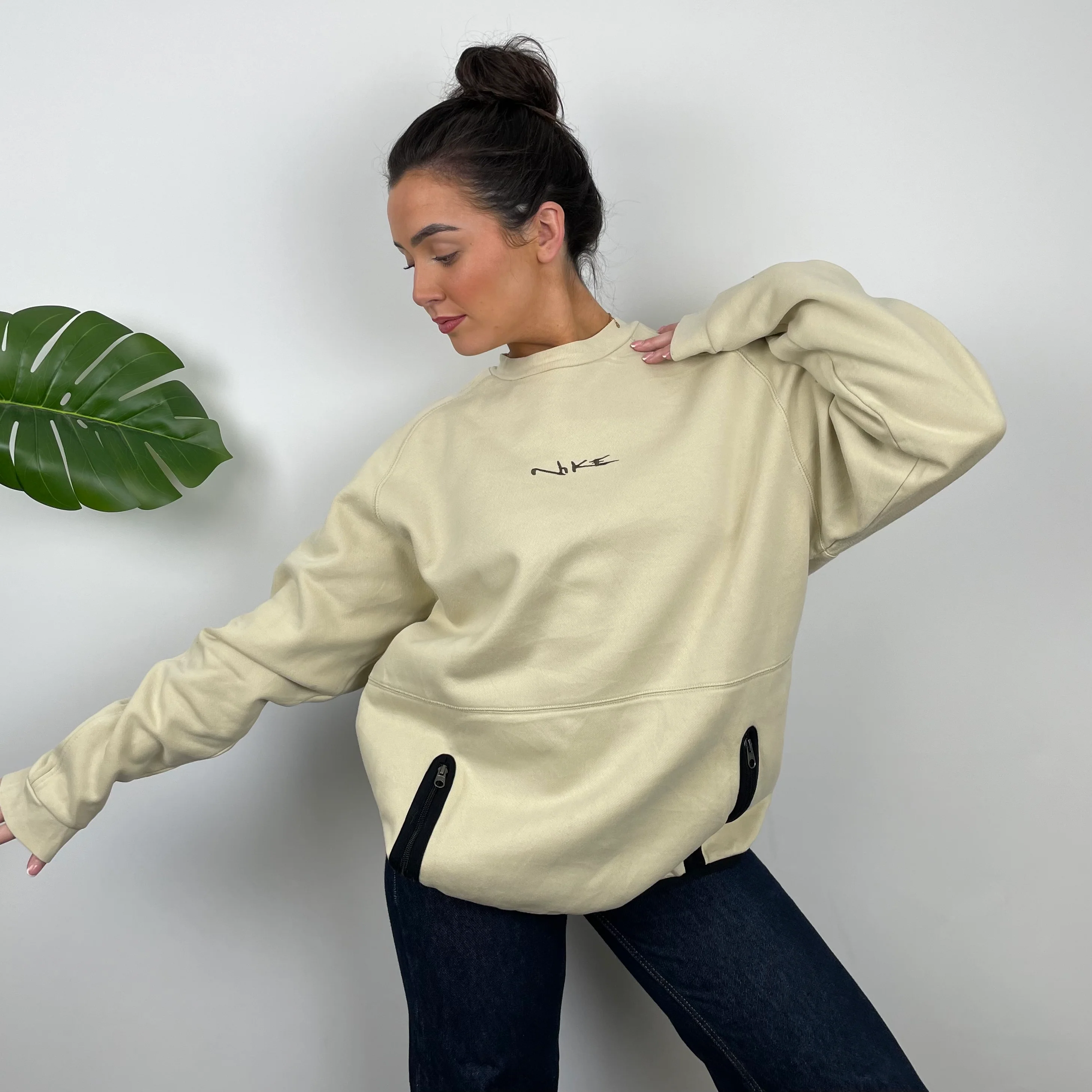 Nike RARE Cream Embroidered Spell Out Sweatshirt (S) - Image 5