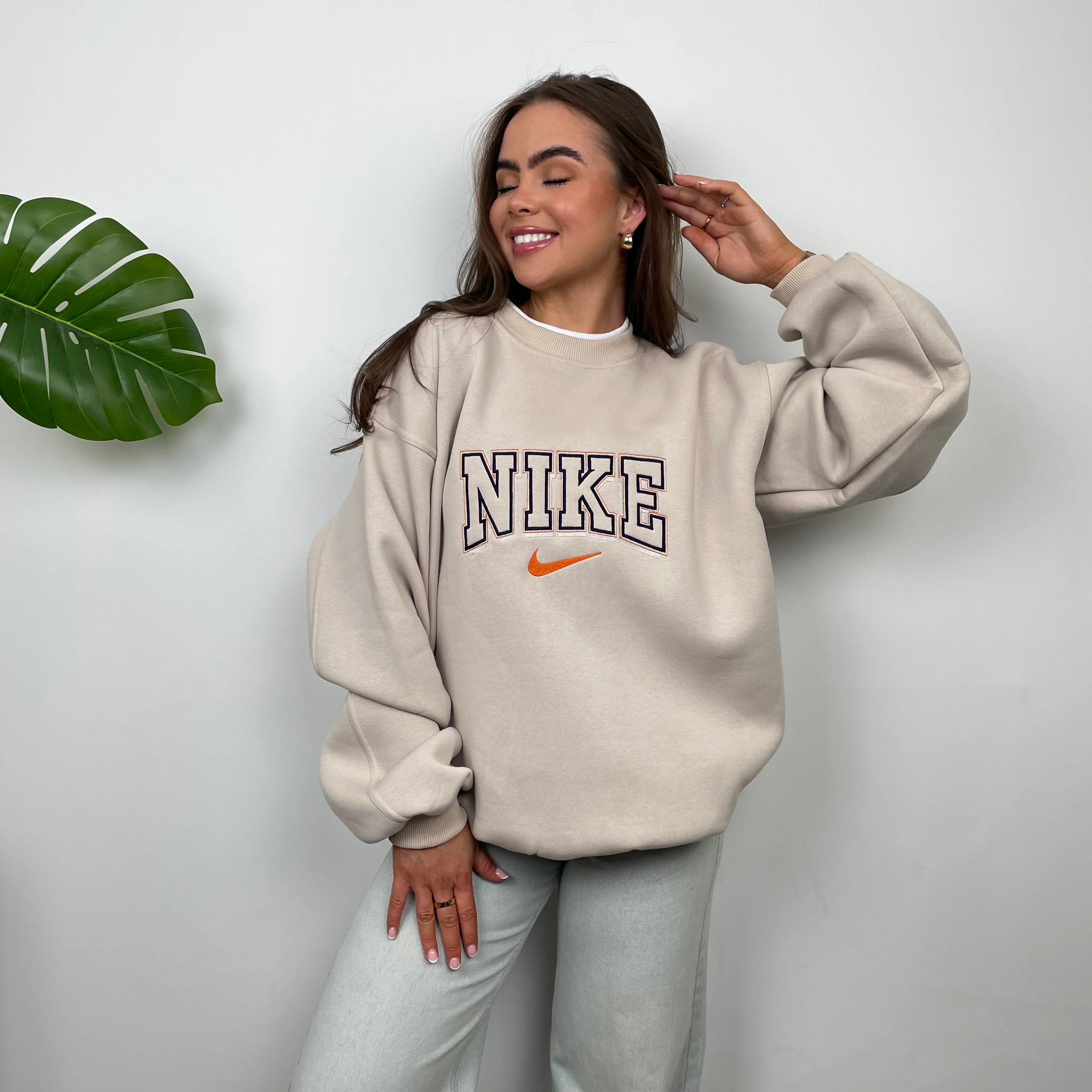 Nike RARE Cream Embroidered Spell Out Sweatshirt (L) - Image 2
