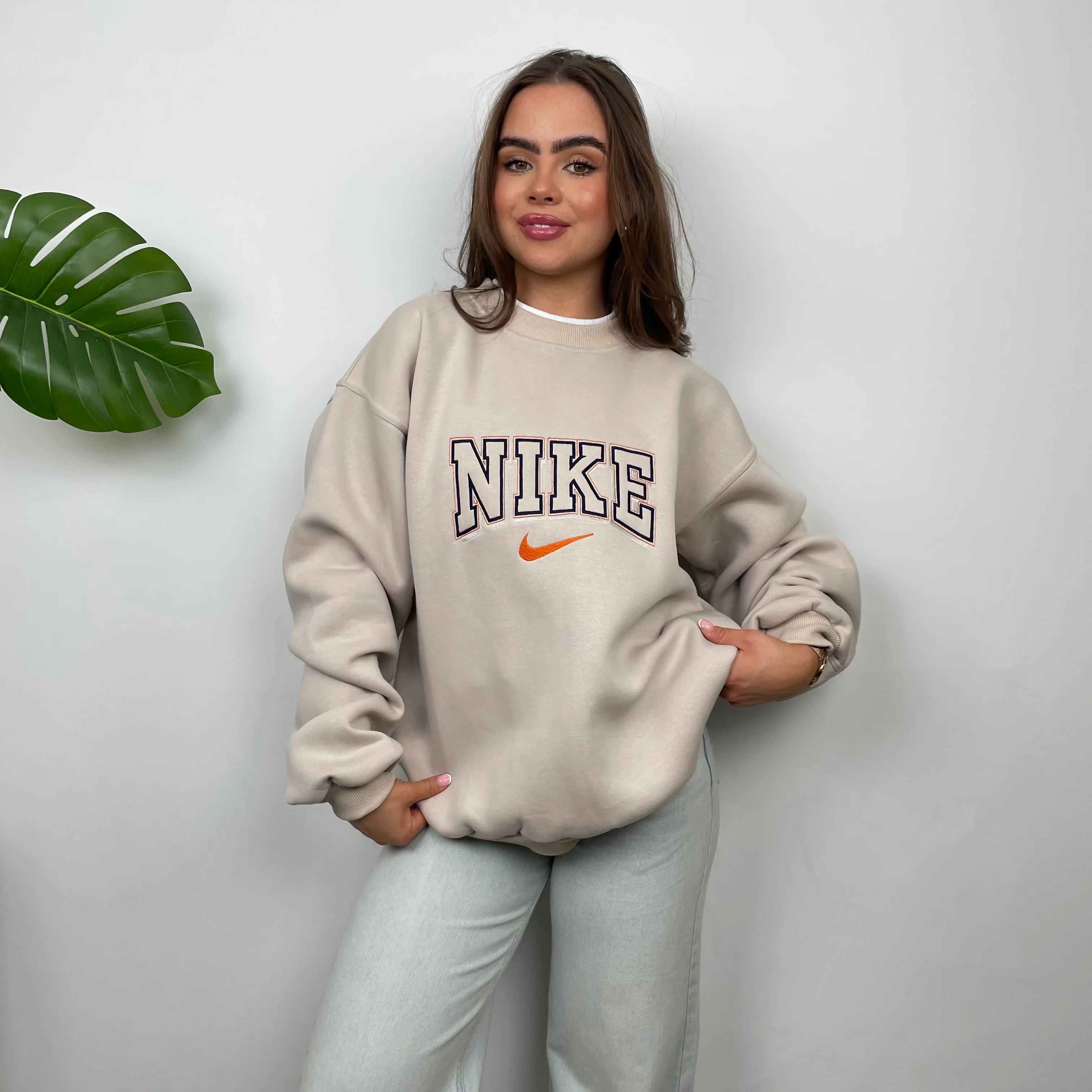 Nike RARE Cream Embroidered Spell Out Sweatshirt (L) - Image 3