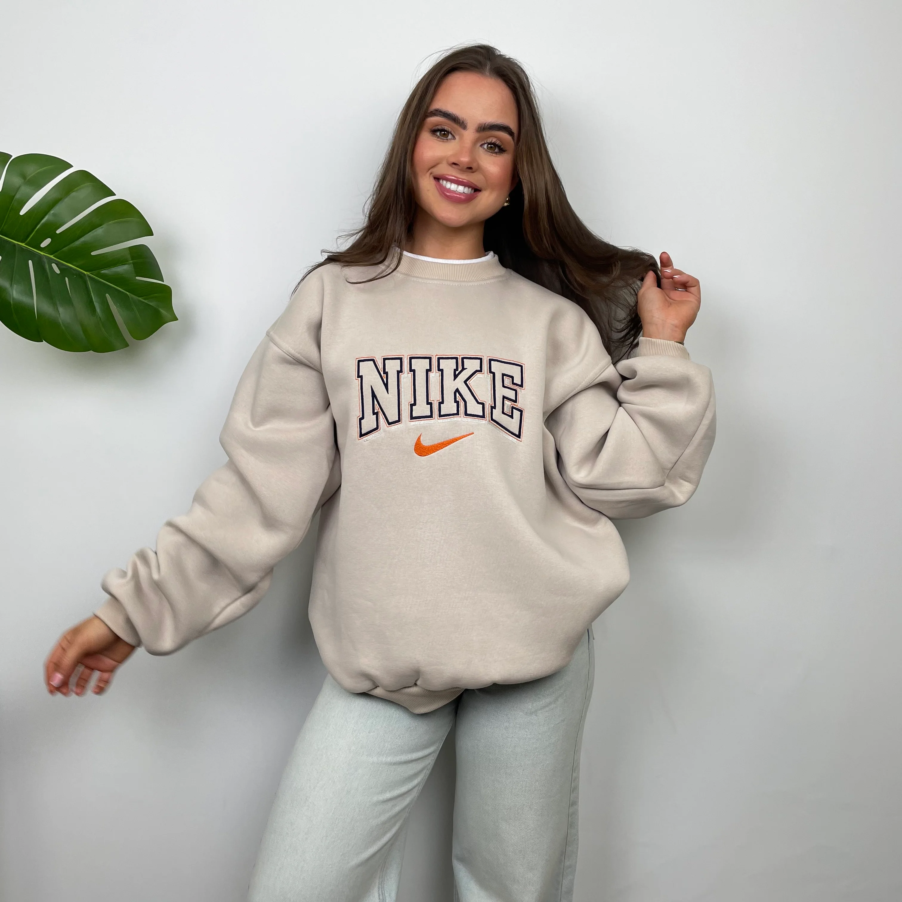 Nike RARE Cream Embroidered Spell Out Sweatshirt (L) - Image 4
