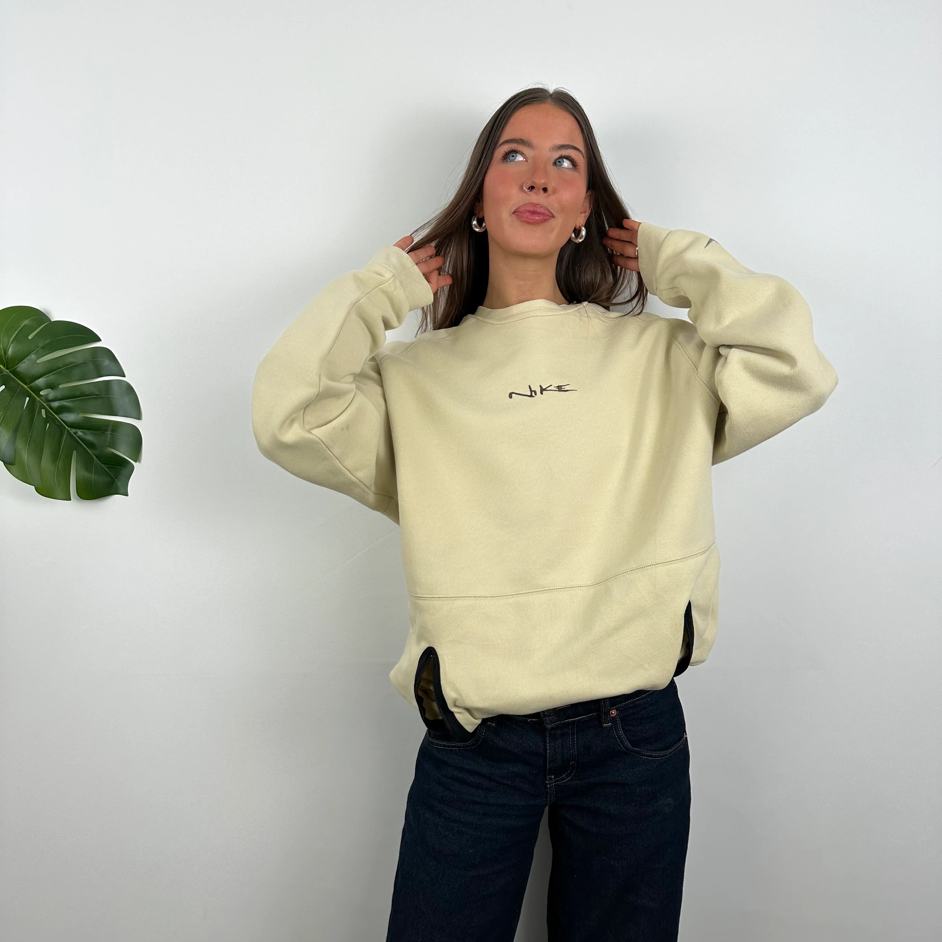 Nike RARE Cream Embroidered Spell Out Sweatshirt (L) - Image 2