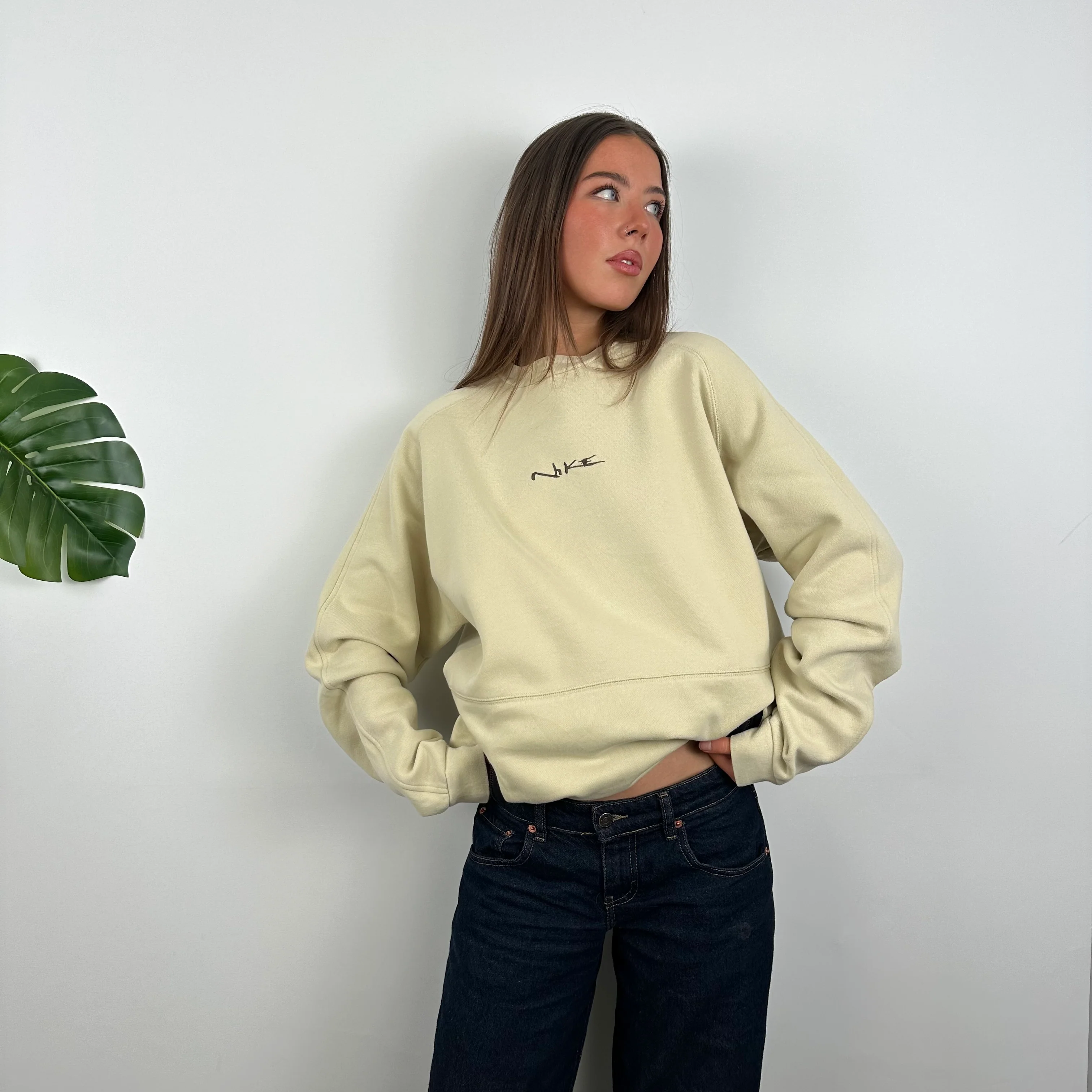 Nike RARE Cream Embroidered Spell Out Sweatshirt (L) - Image 3