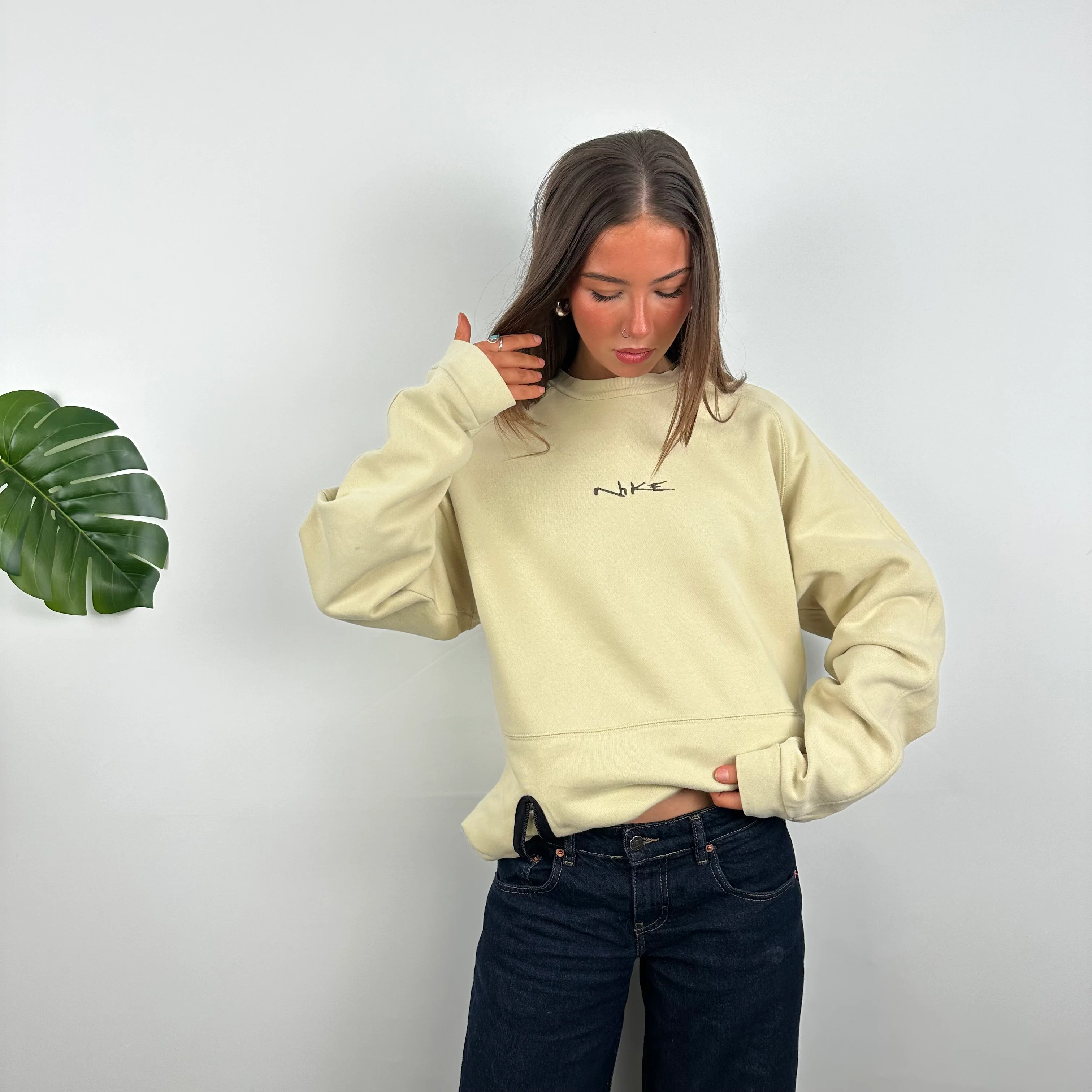 Nike RARE Cream Embroidered Spell Out Sweatshirt (L) - Image 4