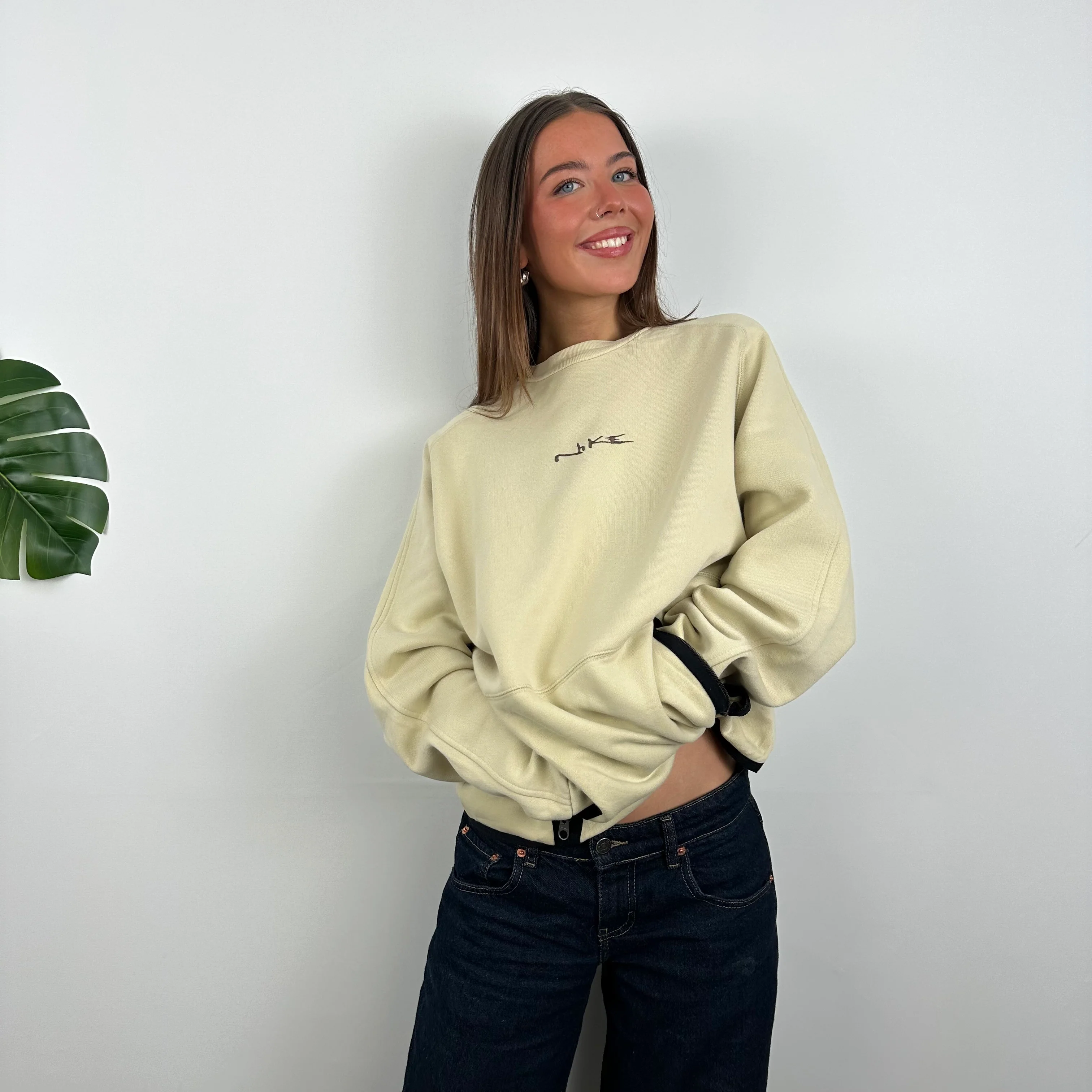Nike RARE Cream Embroidered Spell Out Sweatshirt (L) - Image 5