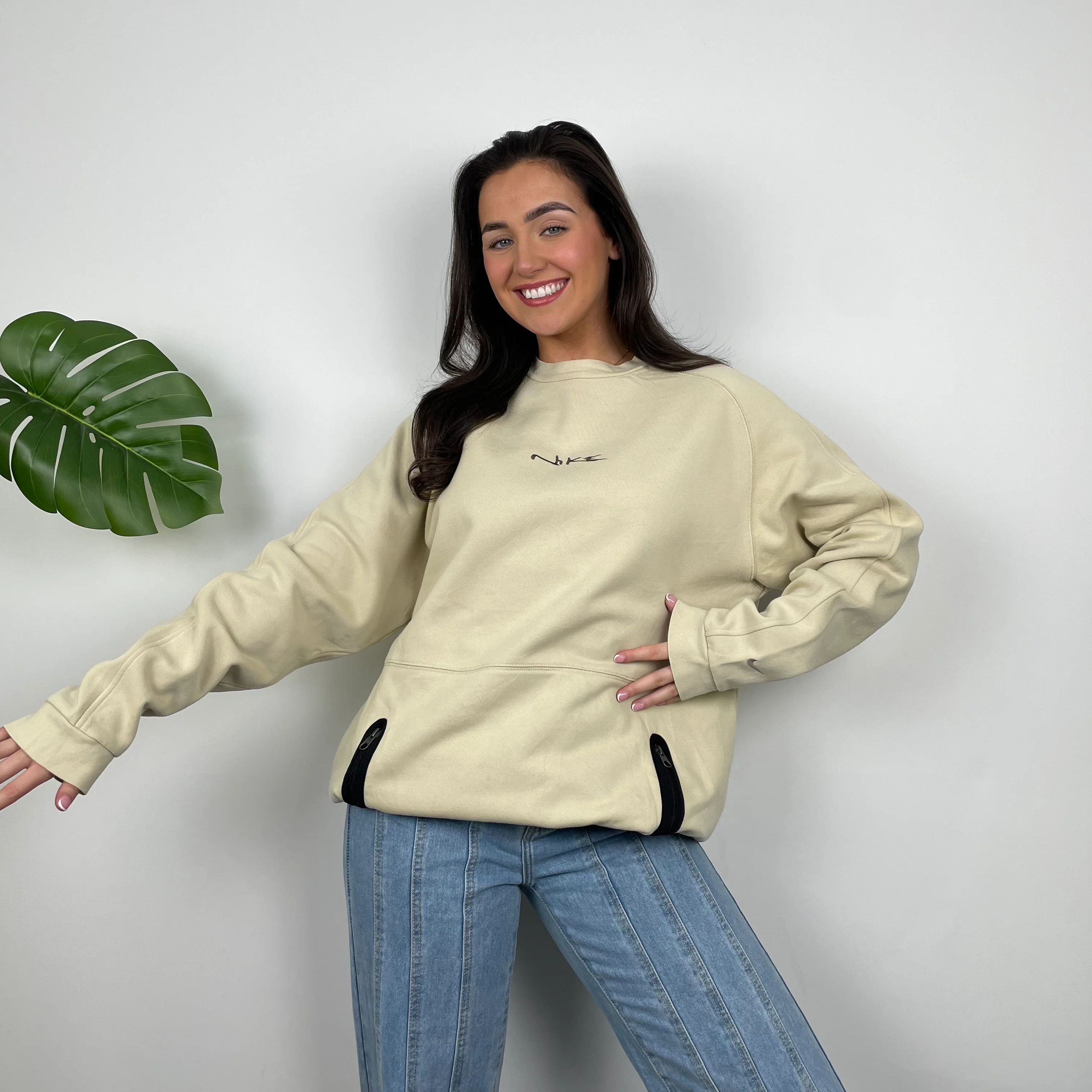 Nike RARE Cream Embroidered Spell Out Sweatshirt (L) - Image 4
