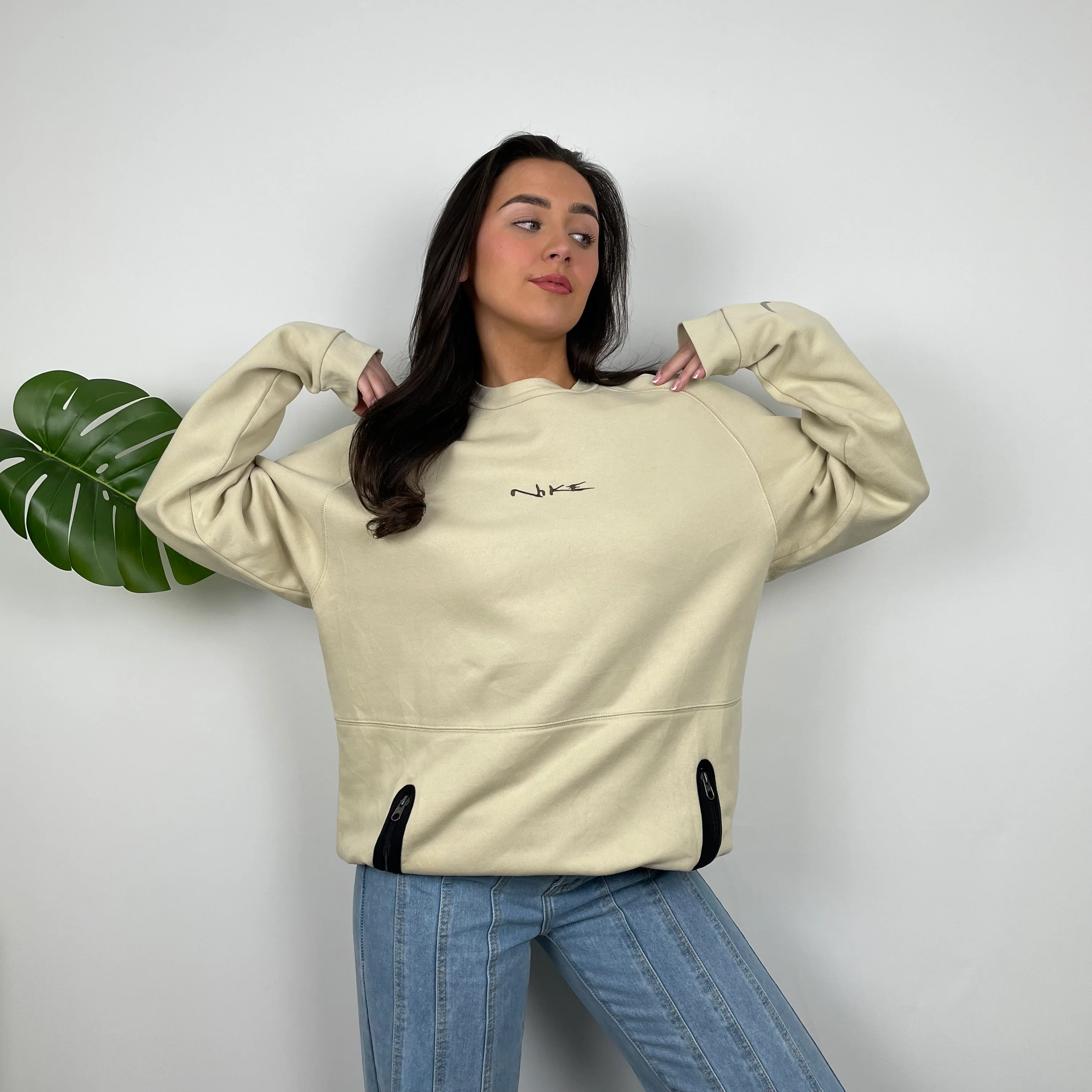 Nike RARE Cream Embroidered Spell Out Sweatshirt (L) - Image 6