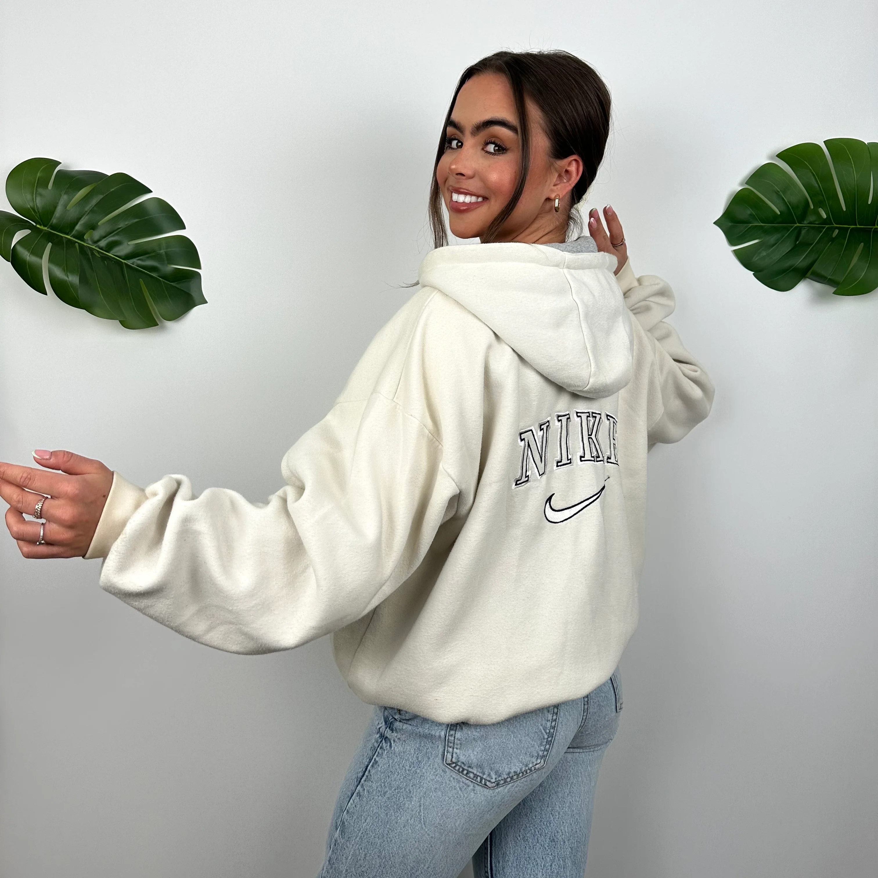 Nike RARE Cream Embroidered Spell Out Zip Up Hoodie Jacket (XL) - Image 3