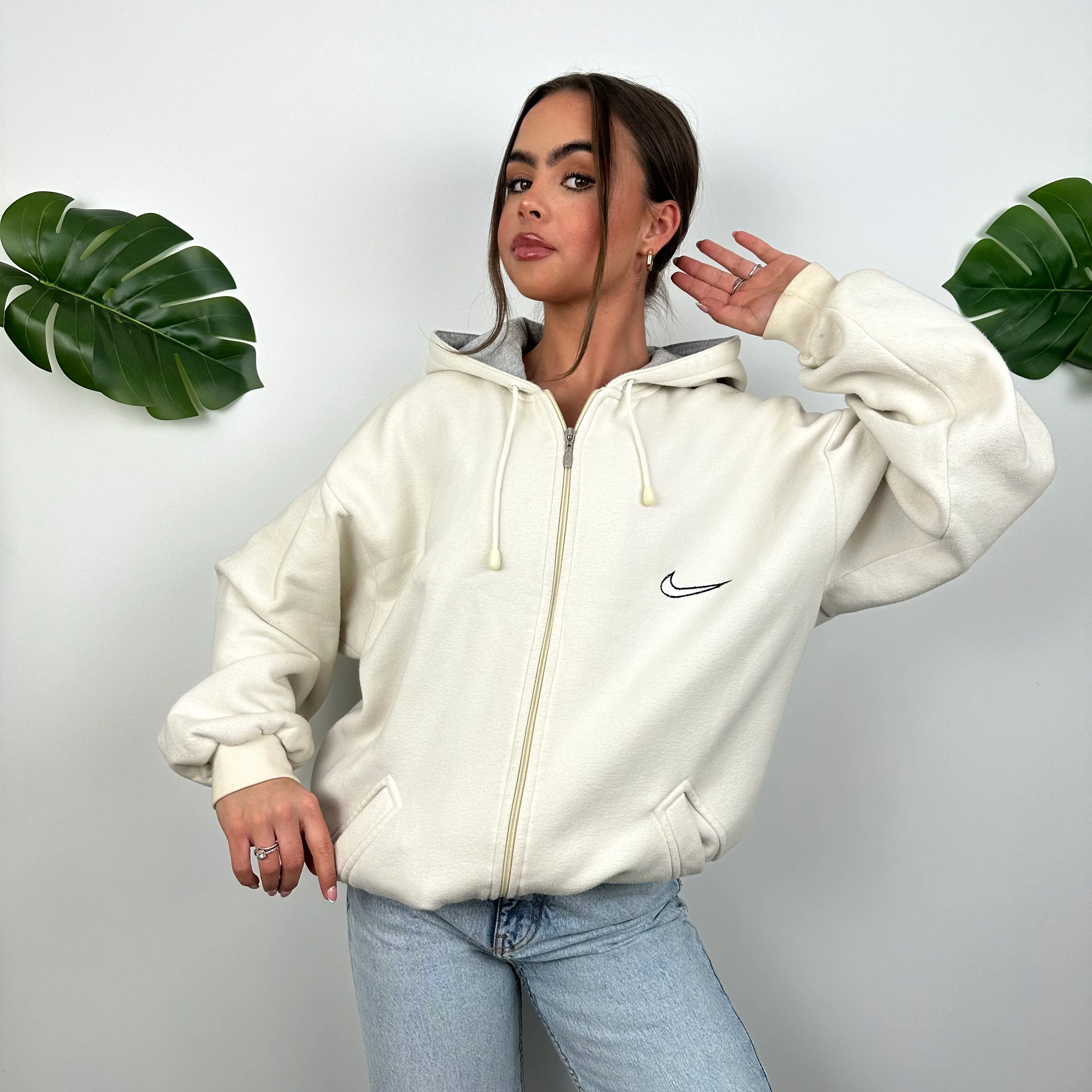 Nike RARE Cream Embroidered Spell Out Zip Up Hoodie Jacket (XL) - Image 4