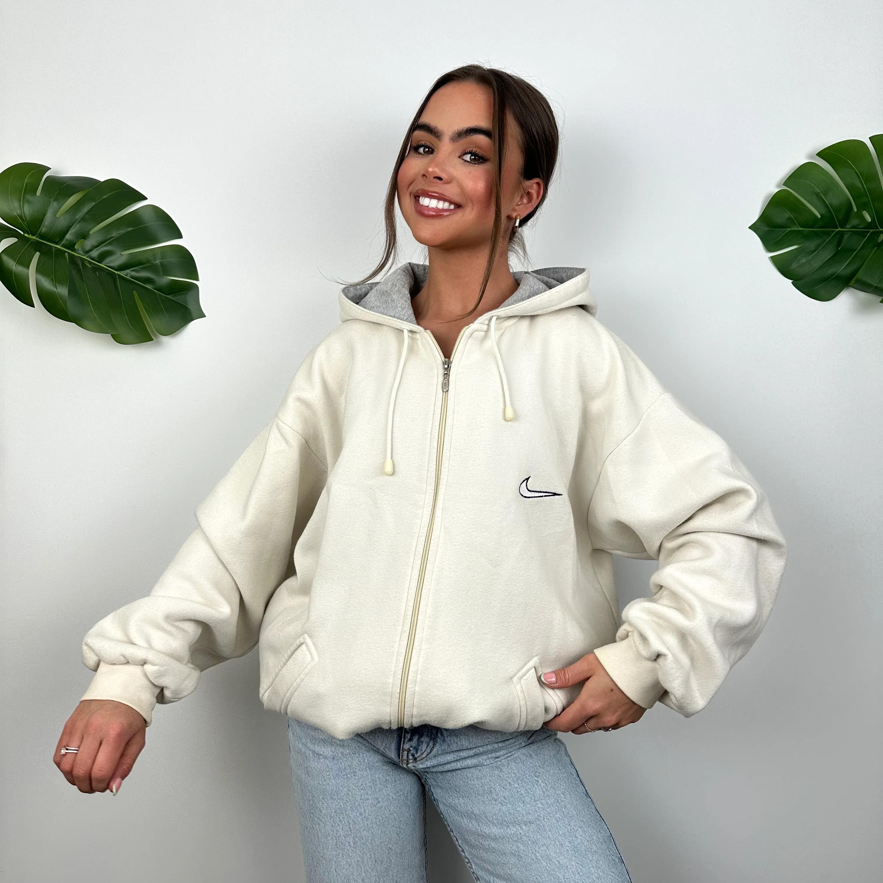 Nike RARE Cream Embroidered Spell Out Zip Up Hoodie Jacket (XL) - Image 9