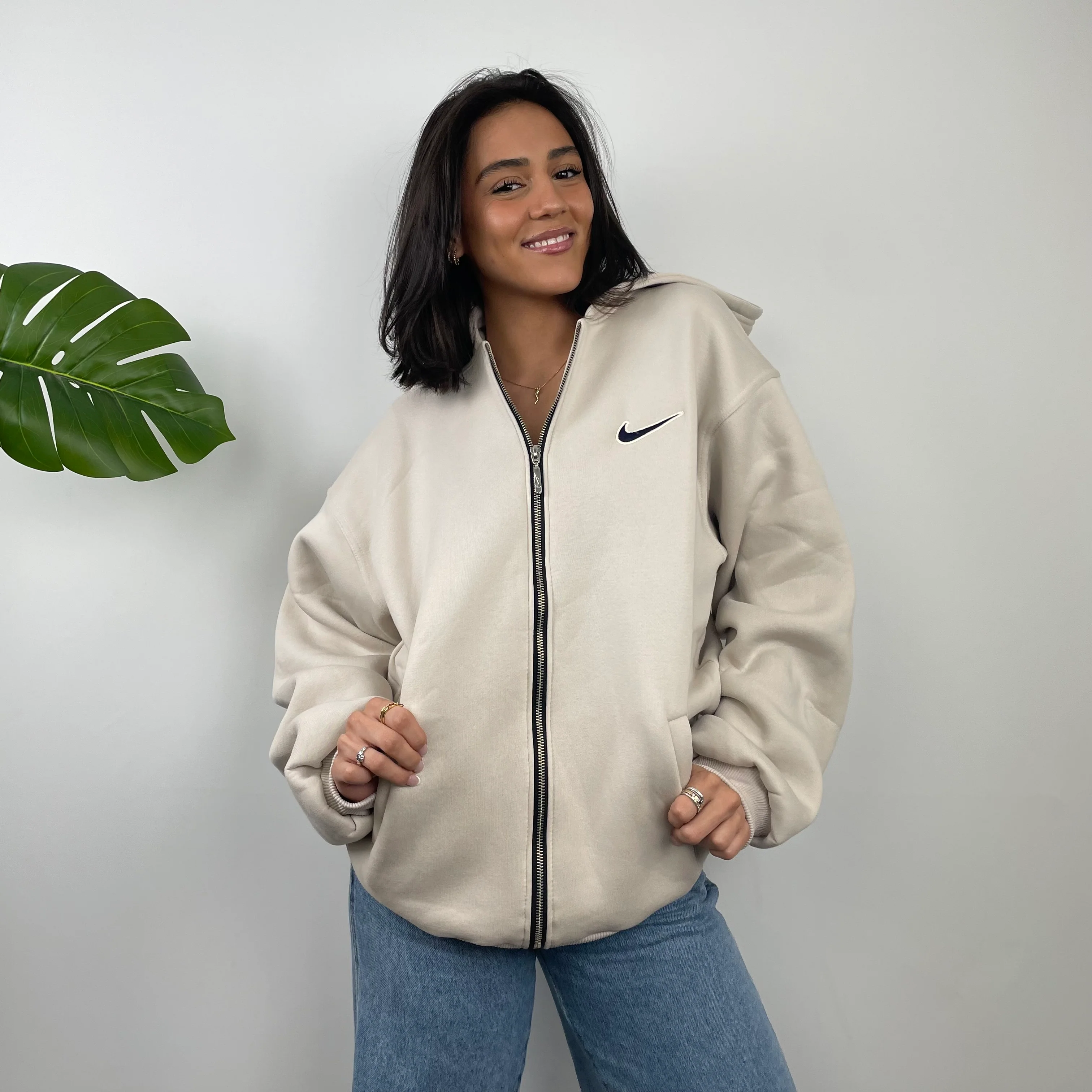 Nike RARE Cream Embroidered Spell Out Zip Up Hoodie Jacket (L) - Image 2