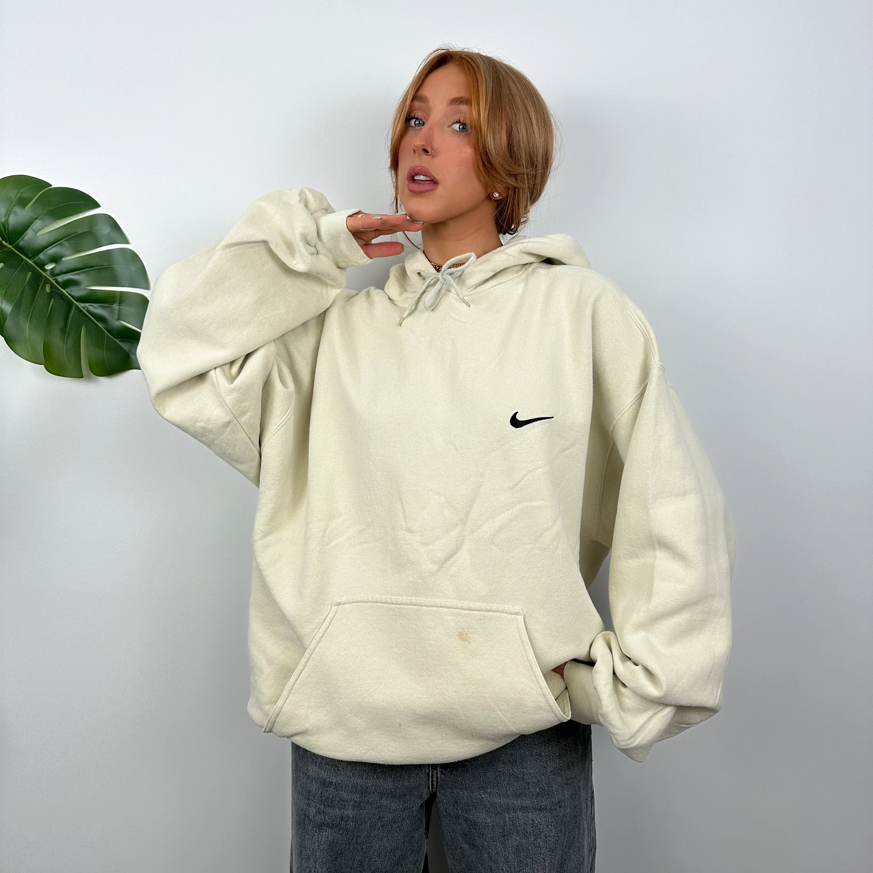 Nike RARE Cream Embroidered Swoosh Hoodie (XL) - Image 2