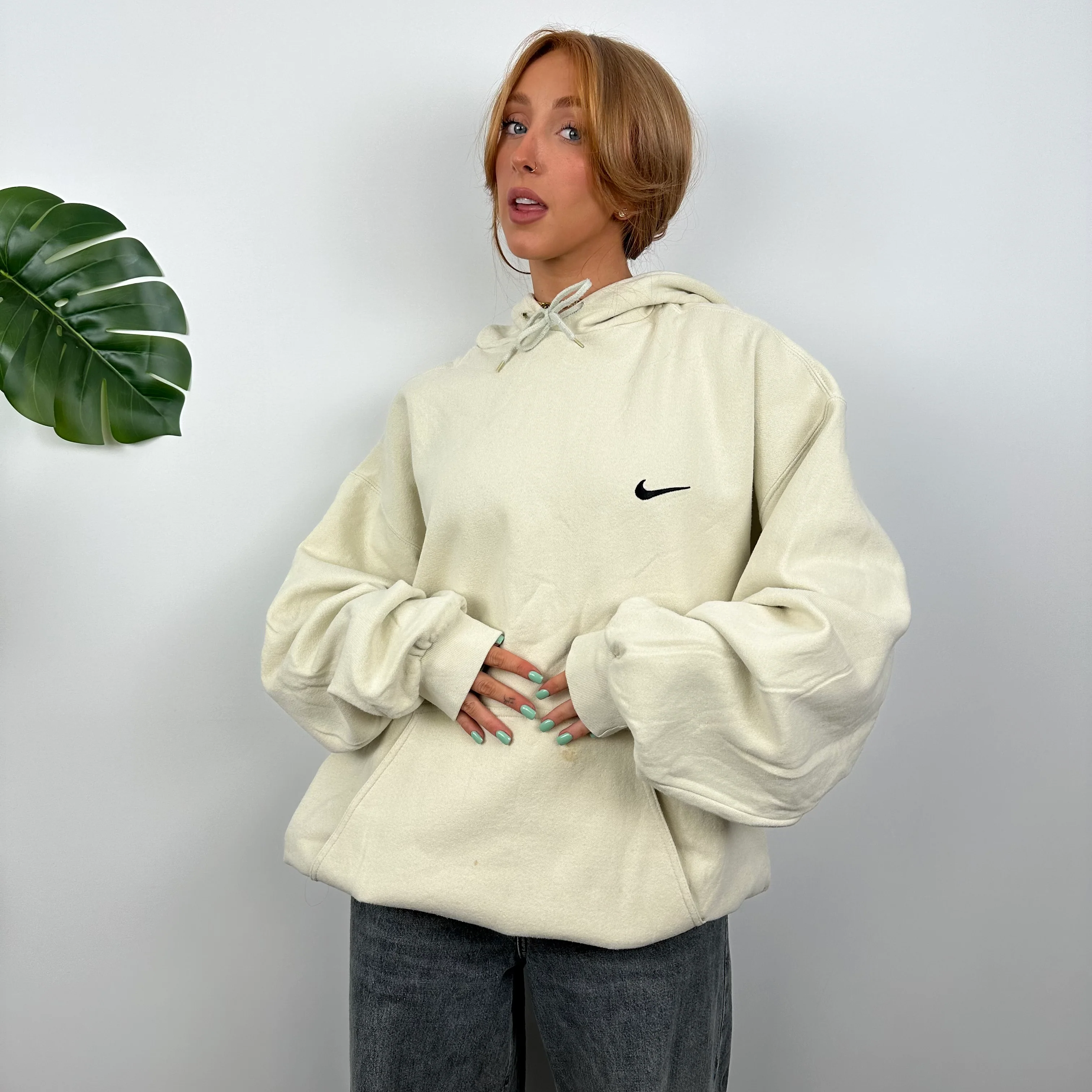 Nike RARE Cream Embroidered Swoosh Hoodie (XL) - Image 4
