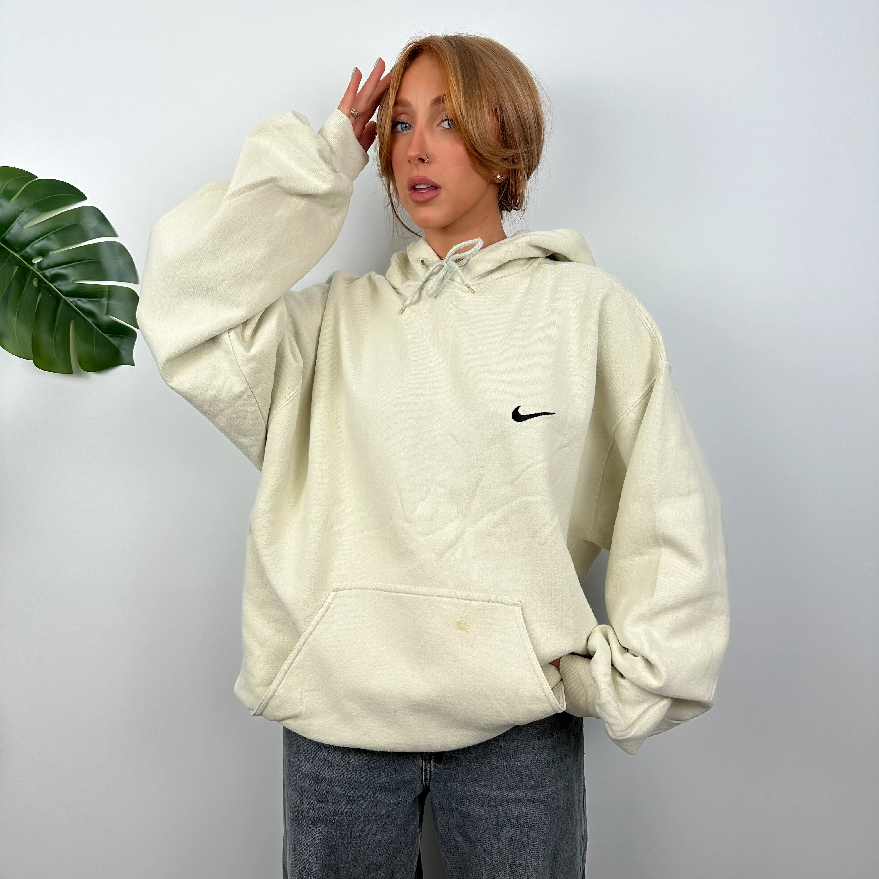 Nike RARE Cream Embroidered Swoosh Hoodie (XL) - Image 6
