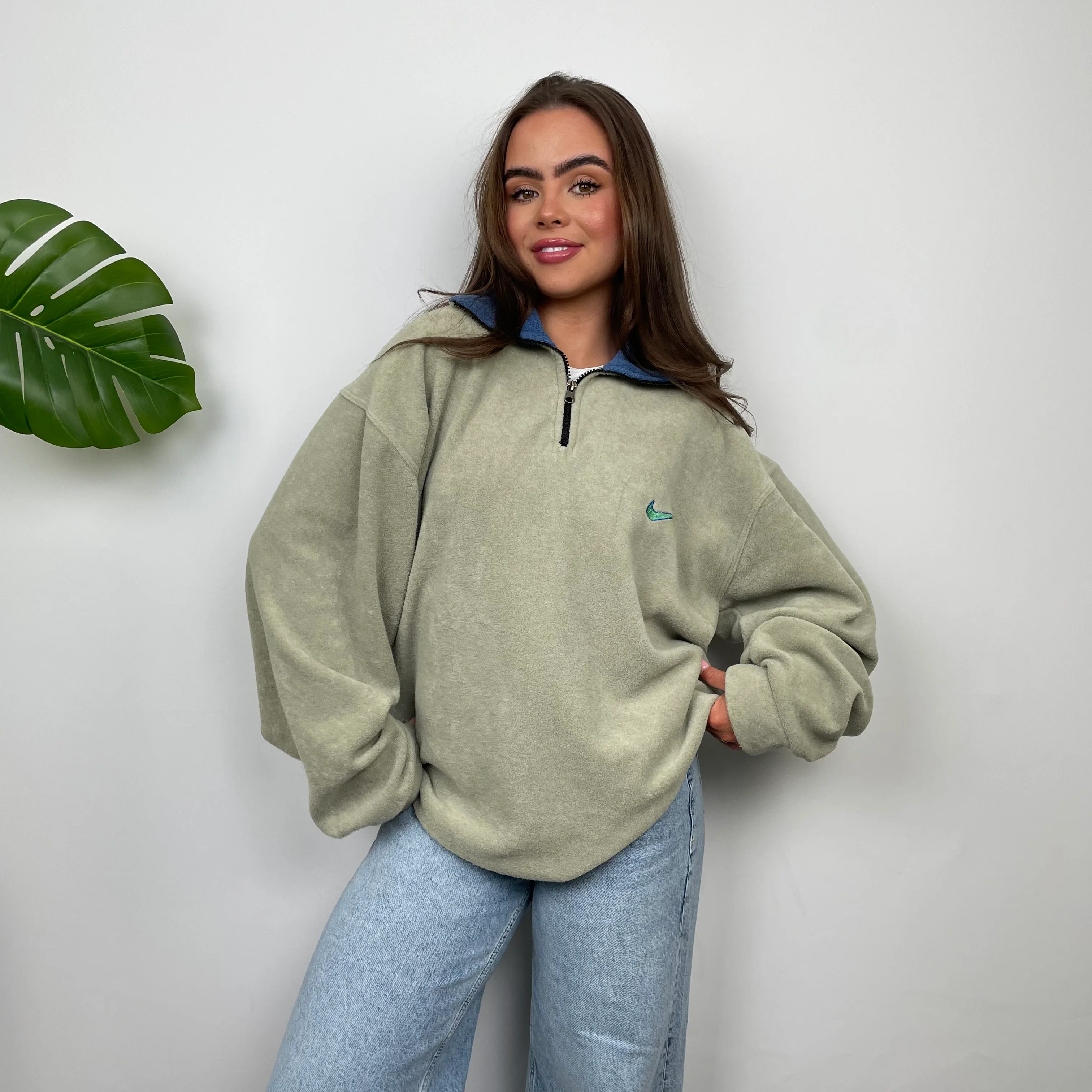 Nike RARE Green Embroidered Swoosh Teddy Bear Fleece Quarter Zip Sweatshirt (L) - Image 3