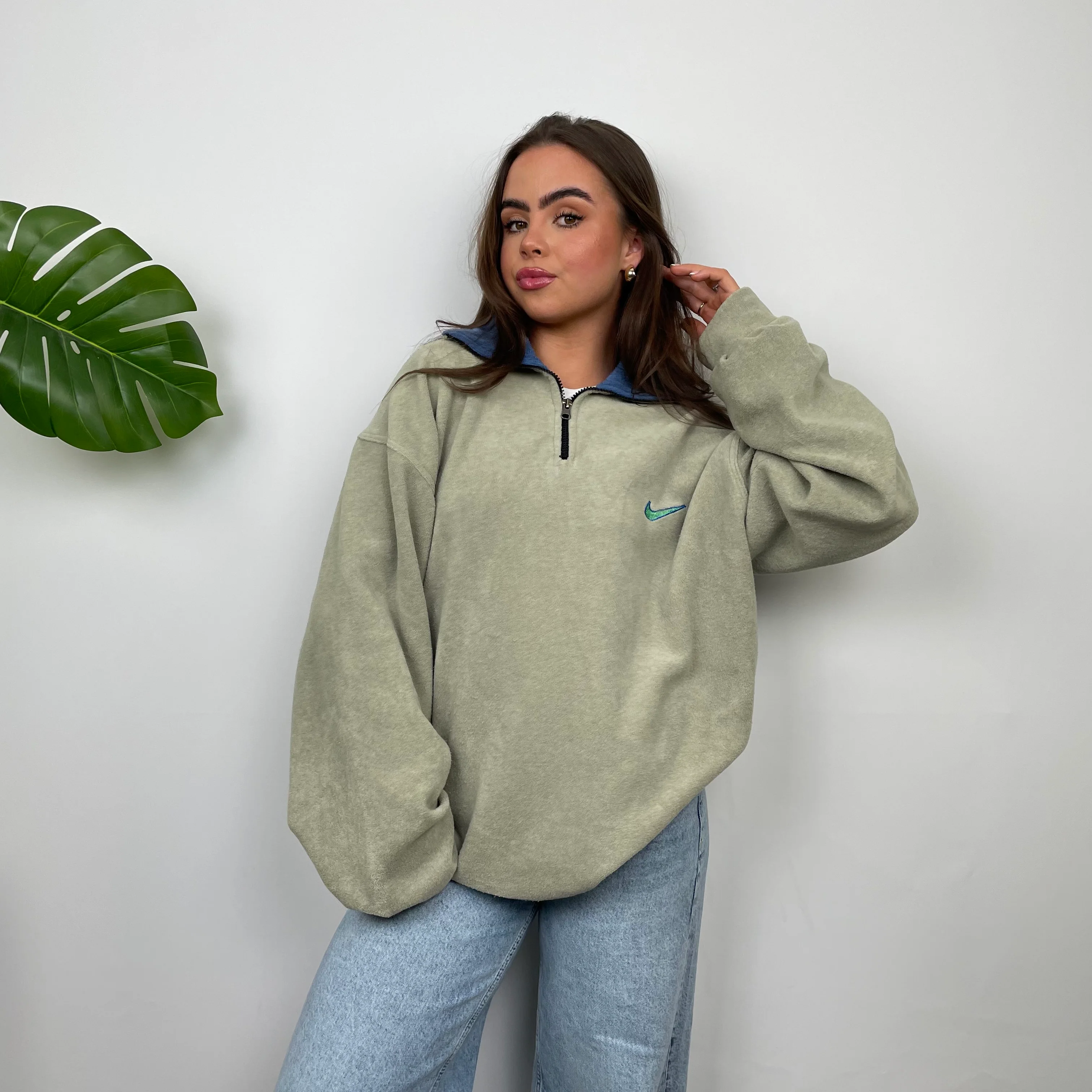 Nike RARE Green Embroidered Swoosh Teddy Bear Fleece Quarter Zip Sweatshirt (L) - Image 4