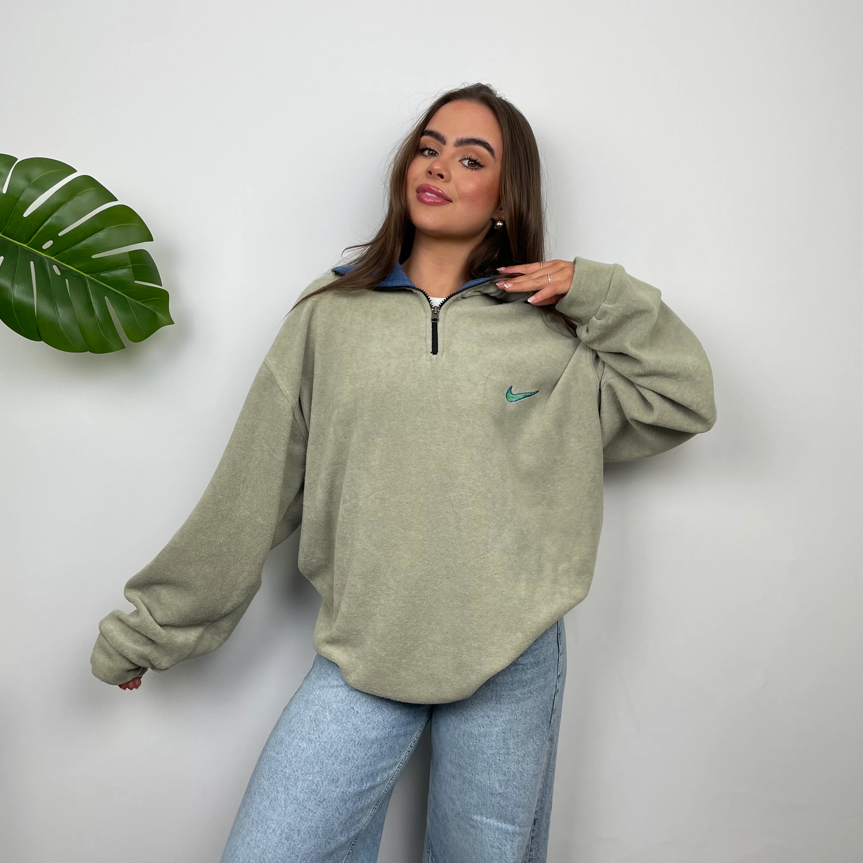 Nike RARE Green Embroidered Swoosh Teddy Bear Fleece Quarter Zip Sweatshirt (L) - Image 5