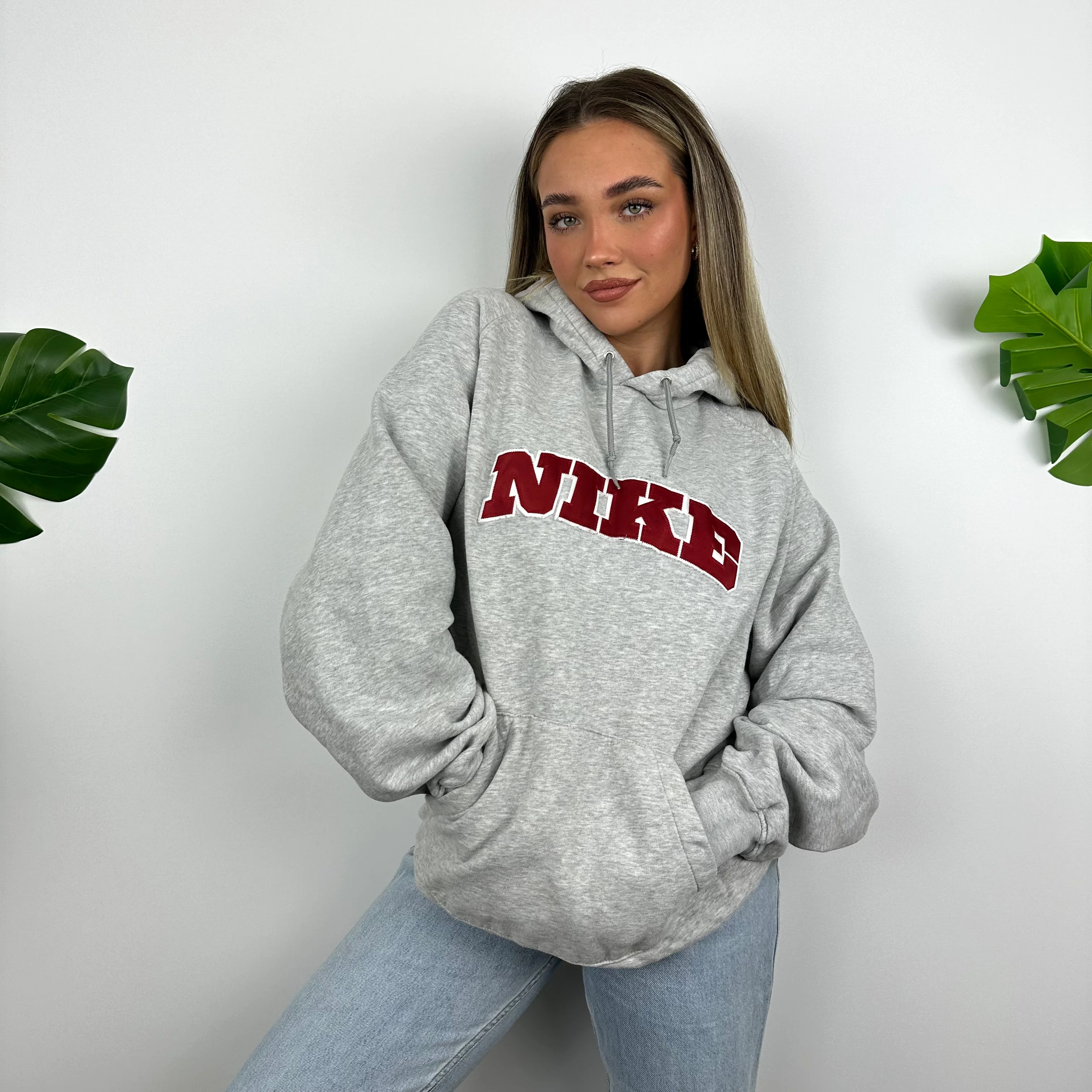 Nike RARE Grey Embroidered Spell Out Hoodie (L) - Image 5