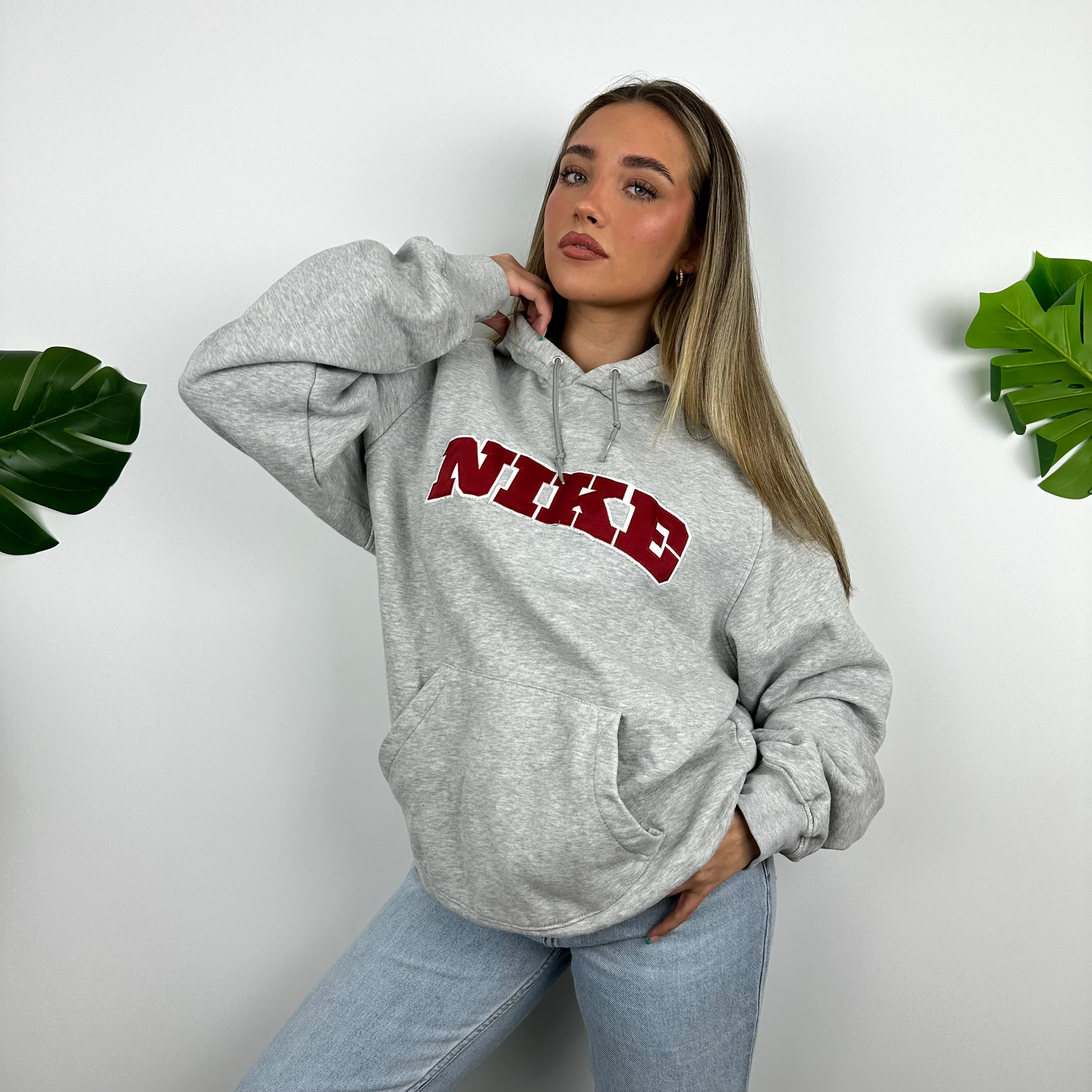 Nike RARE Grey Embroidered Spell Out Hoodie (L) - Image 6