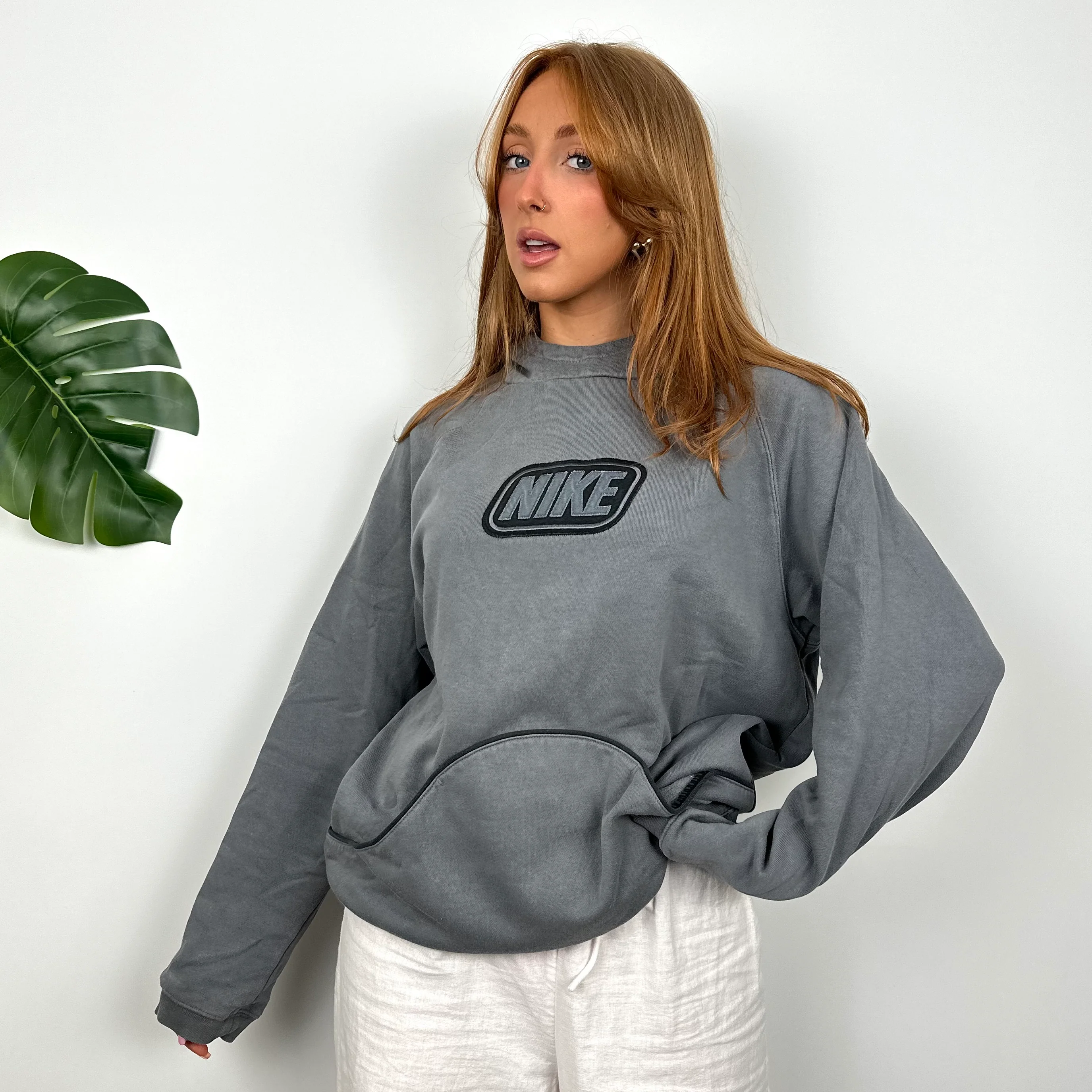 Nike RARE Grey Embroidered Spell Out Hoodie (S) - Image 3