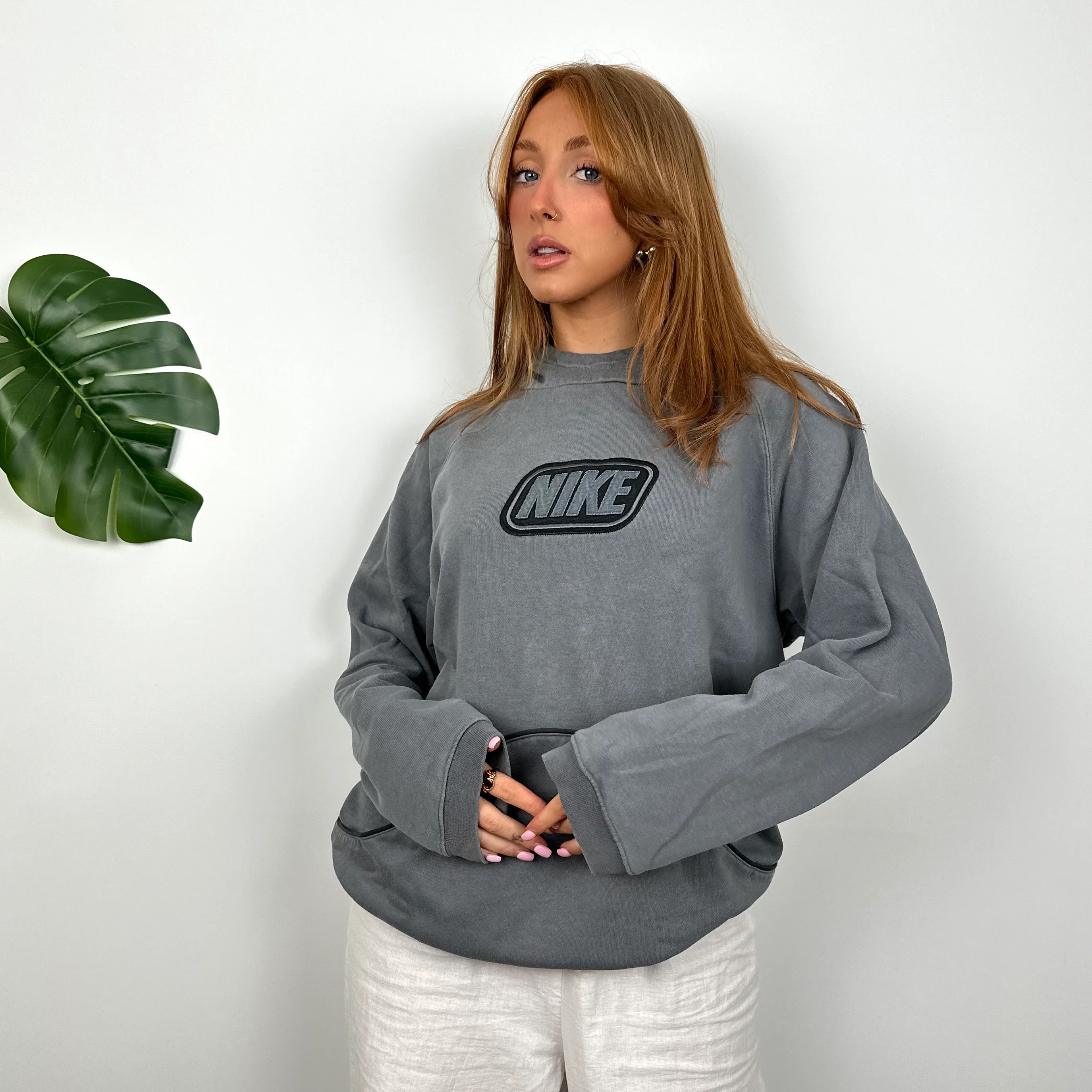 Nike RARE Grey Embroidered Spell Out Hoodie (S) - Image 4