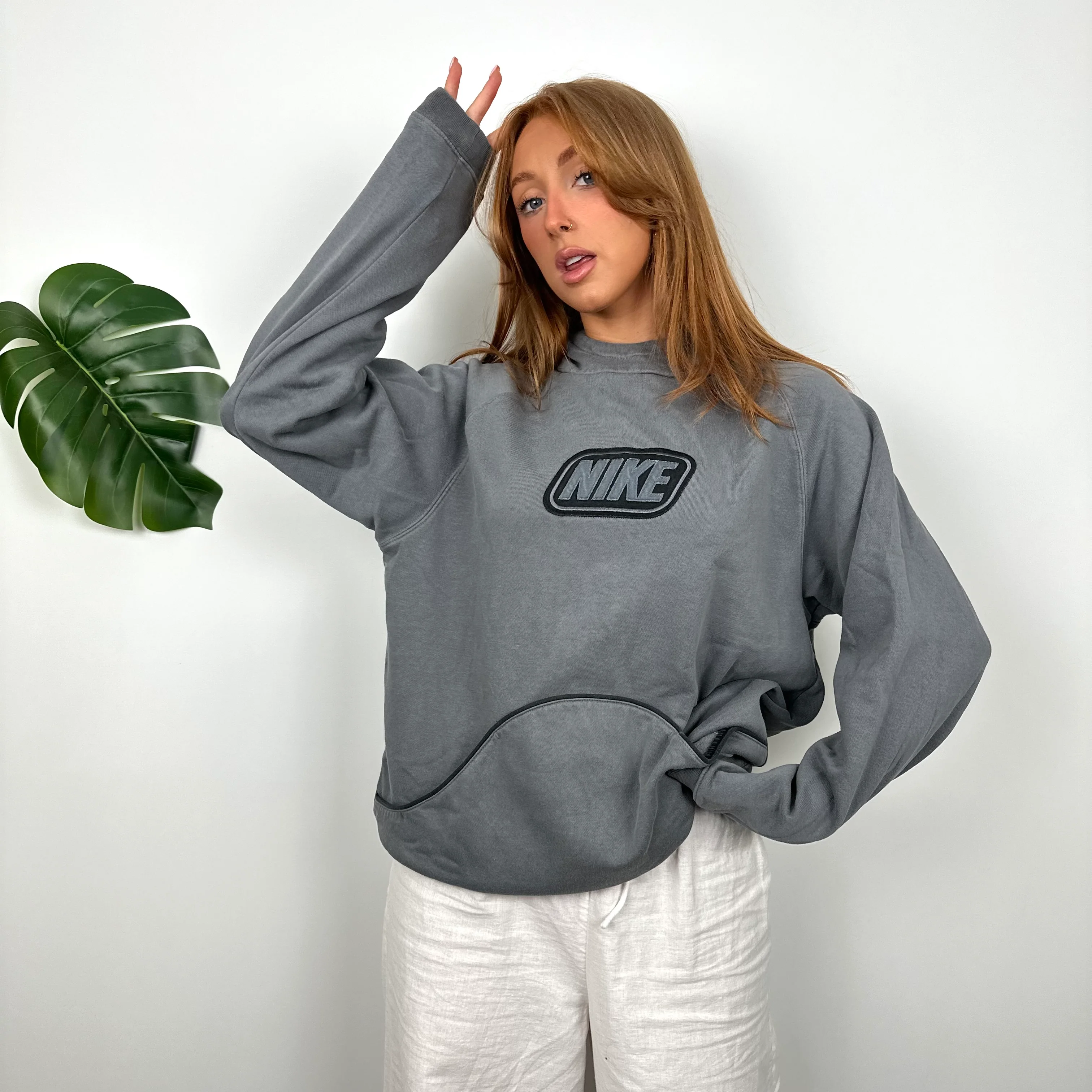 Nike RARE Grey Embroidered Spell Out Hoodie (S) - Image 5