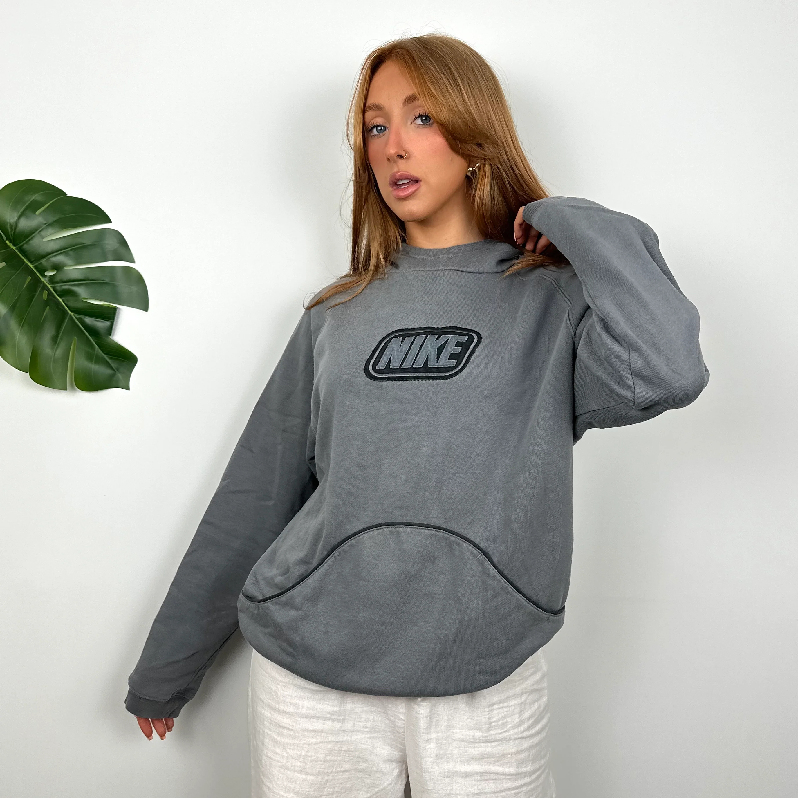 Nike RARE Grey Embroidered Spell Out Hoodie (S) - Image 7