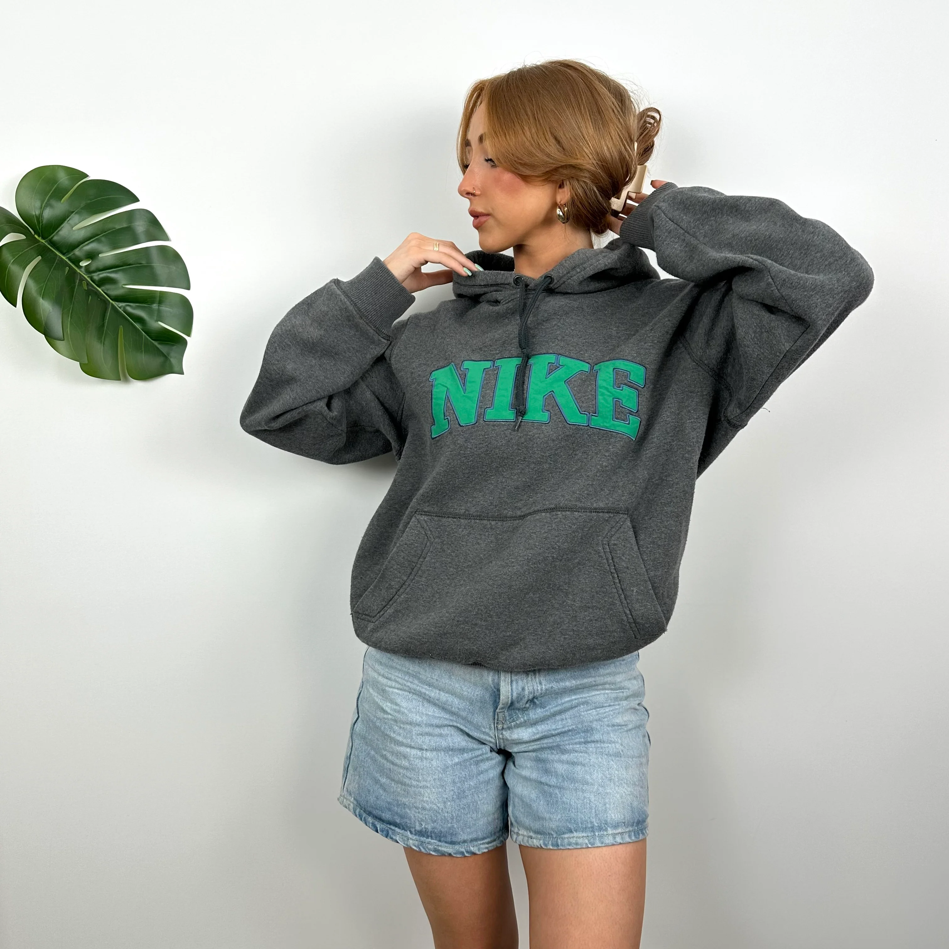 Nike RARE Grey Embroidered Spell Out Hoodie (S) - Image 3