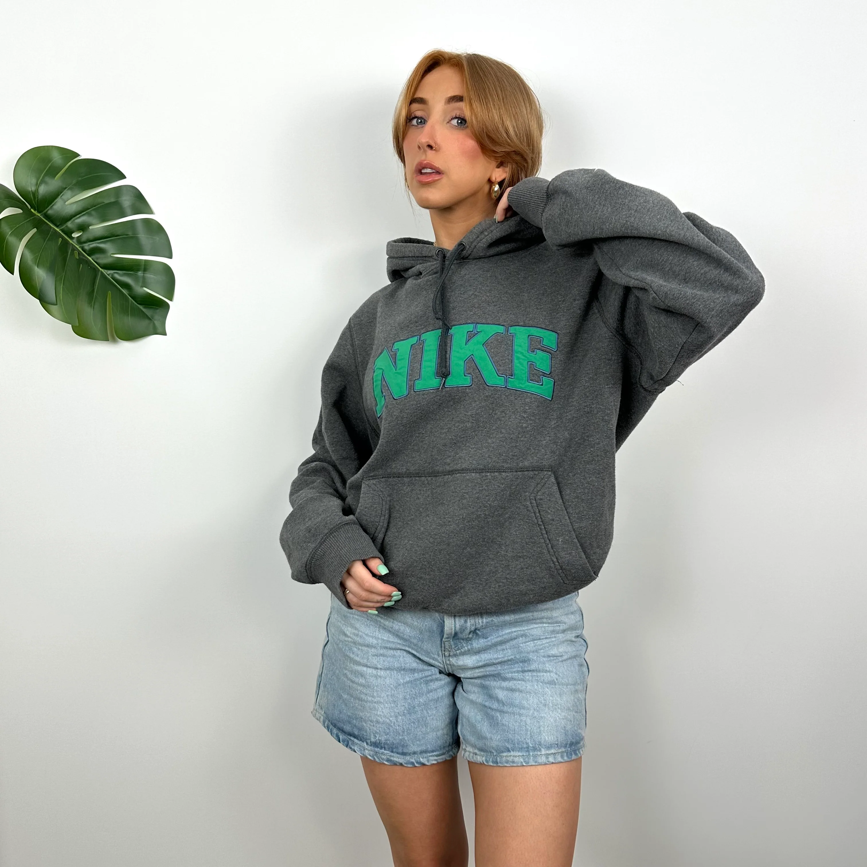 Nike RARE Grey Embroidered Spell Out Hoodie (S) - Image 5