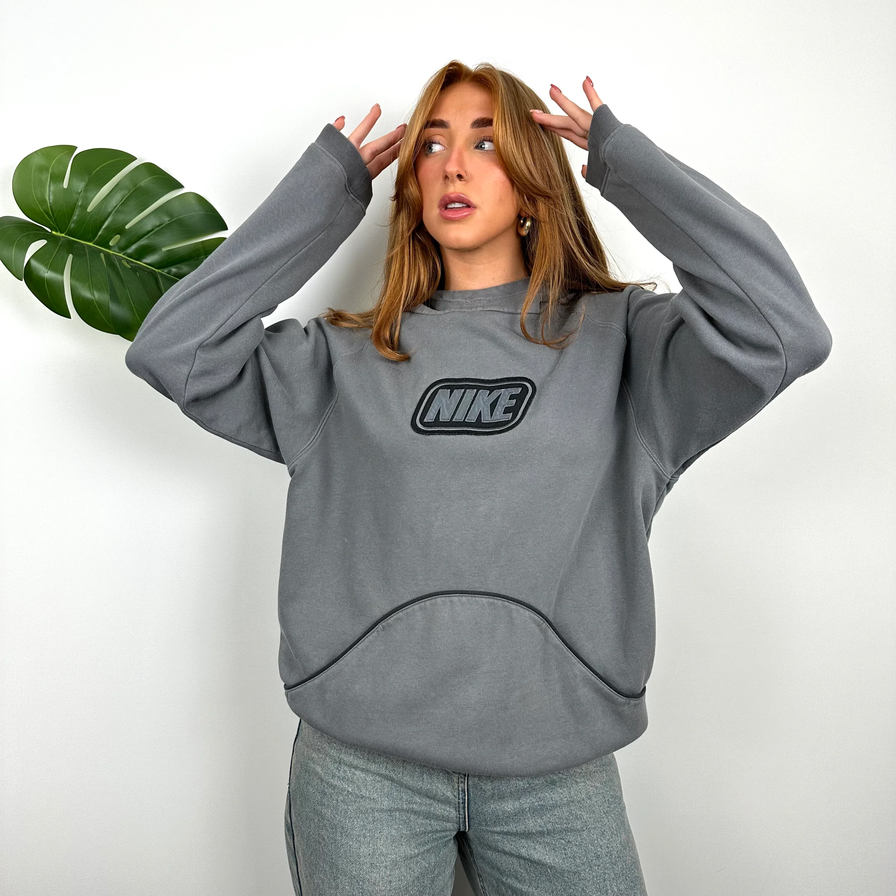 Nike RARE Grey Embroidered Spell Out Hoodie (S) - Image 5