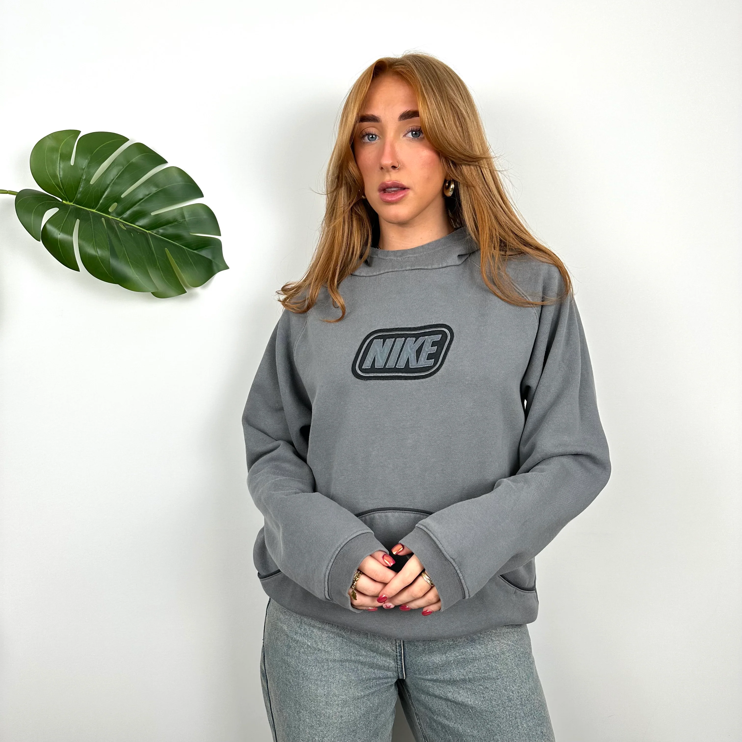Nike RARE Grey Embroidered Spell Out Hoodie (S) - Image 6