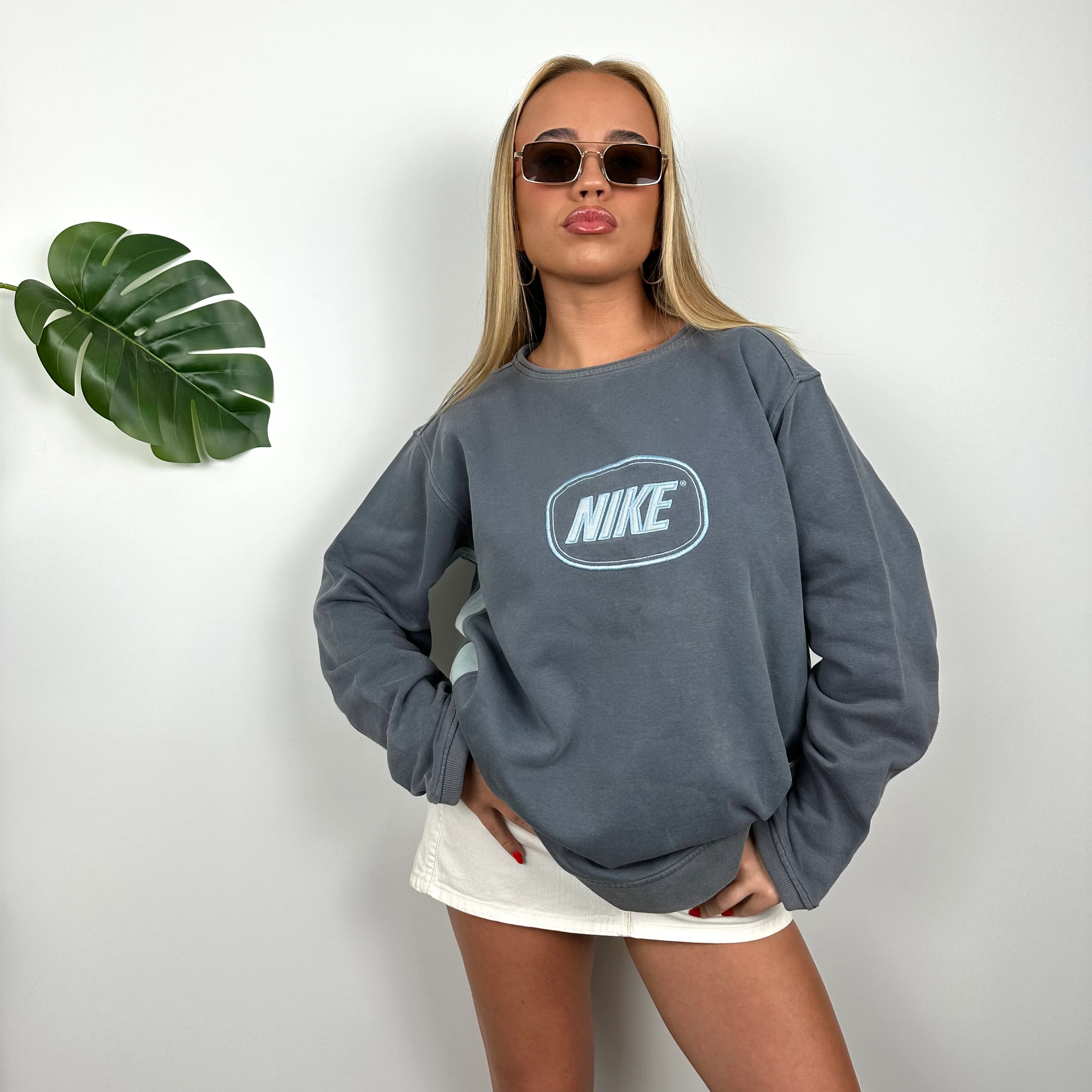 Nike RARE Blue Embroidered Spell Out Sweatshirt (M) - Image 5
