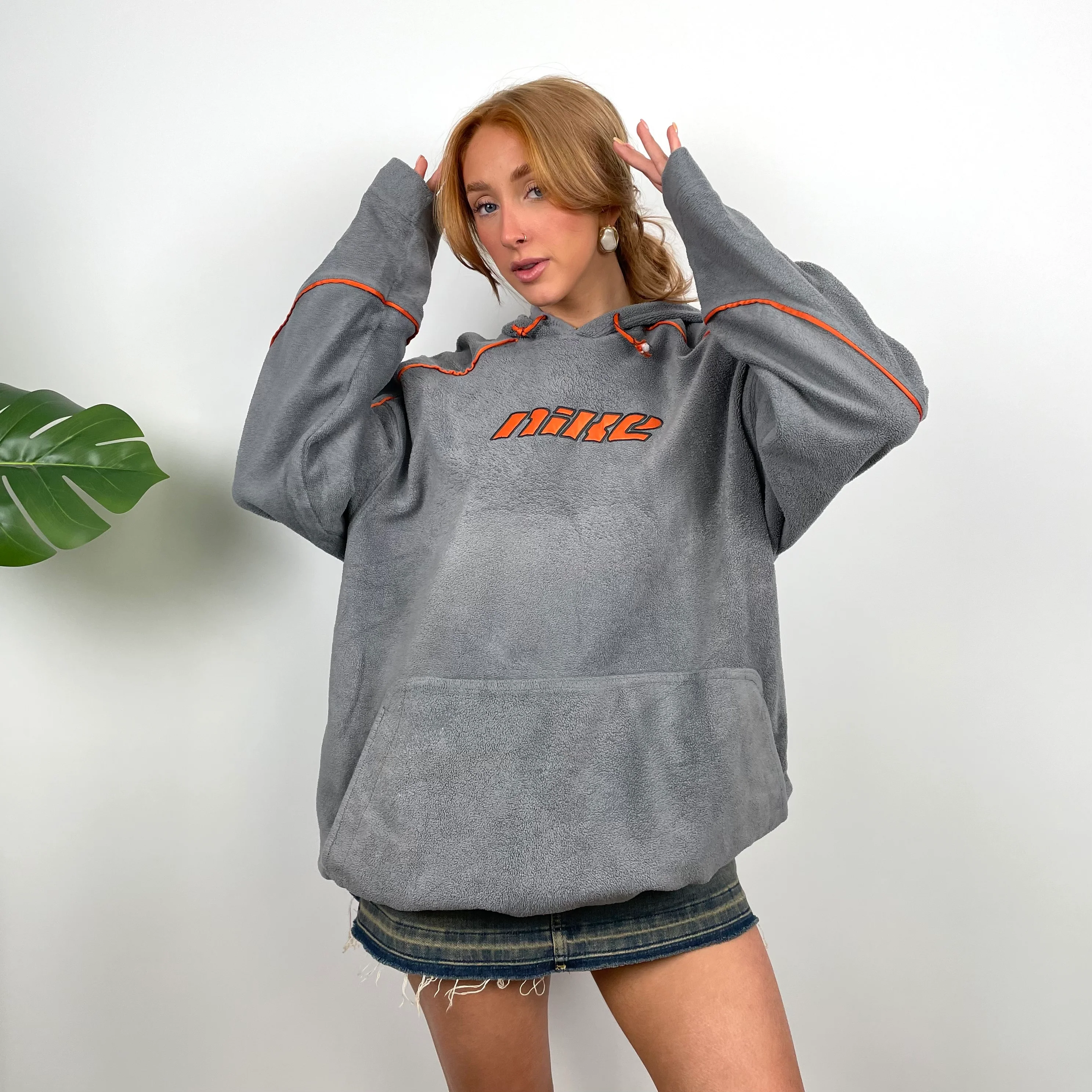 Nike RARE Grey Embroidered Spell Out Teddy Bear Fleece Hoodie (XL) - Image 2