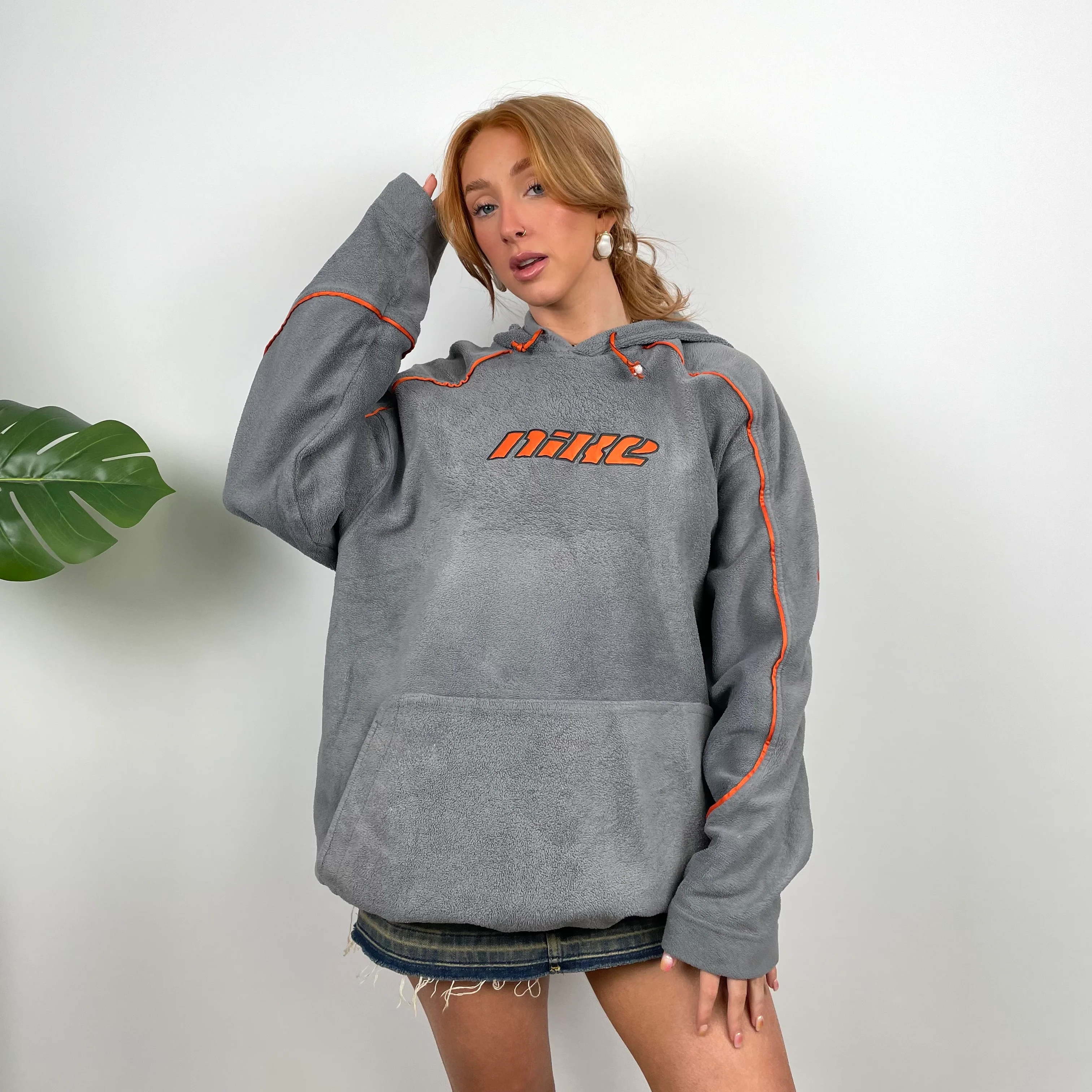 Nike RARE Grey Embroidered Spell Out Teddy Bear Fleece Hoodie (XL) - Image 3