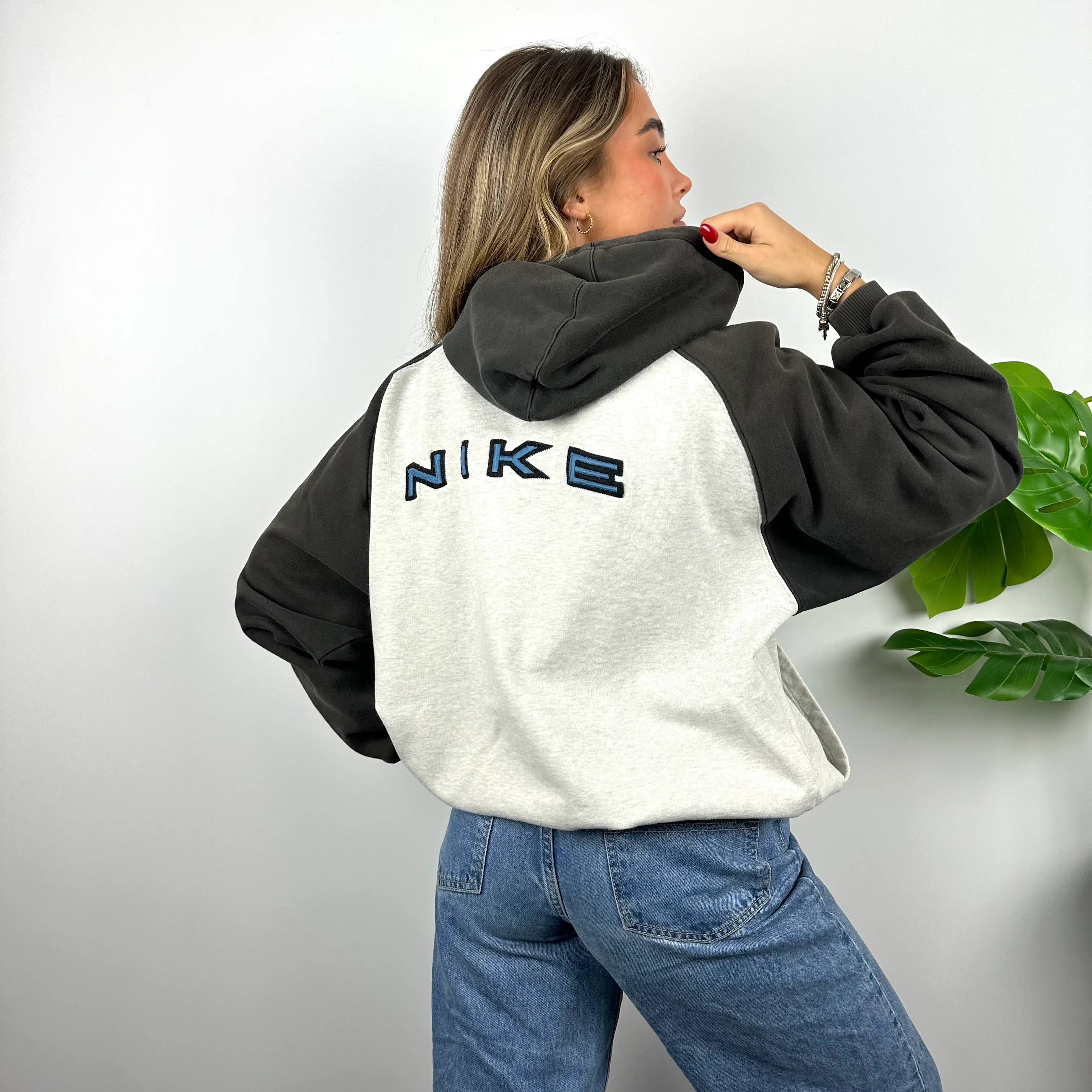 Nike RARE Grey Embroidered Spell Out Zip Up Hoodie Jacket (L)