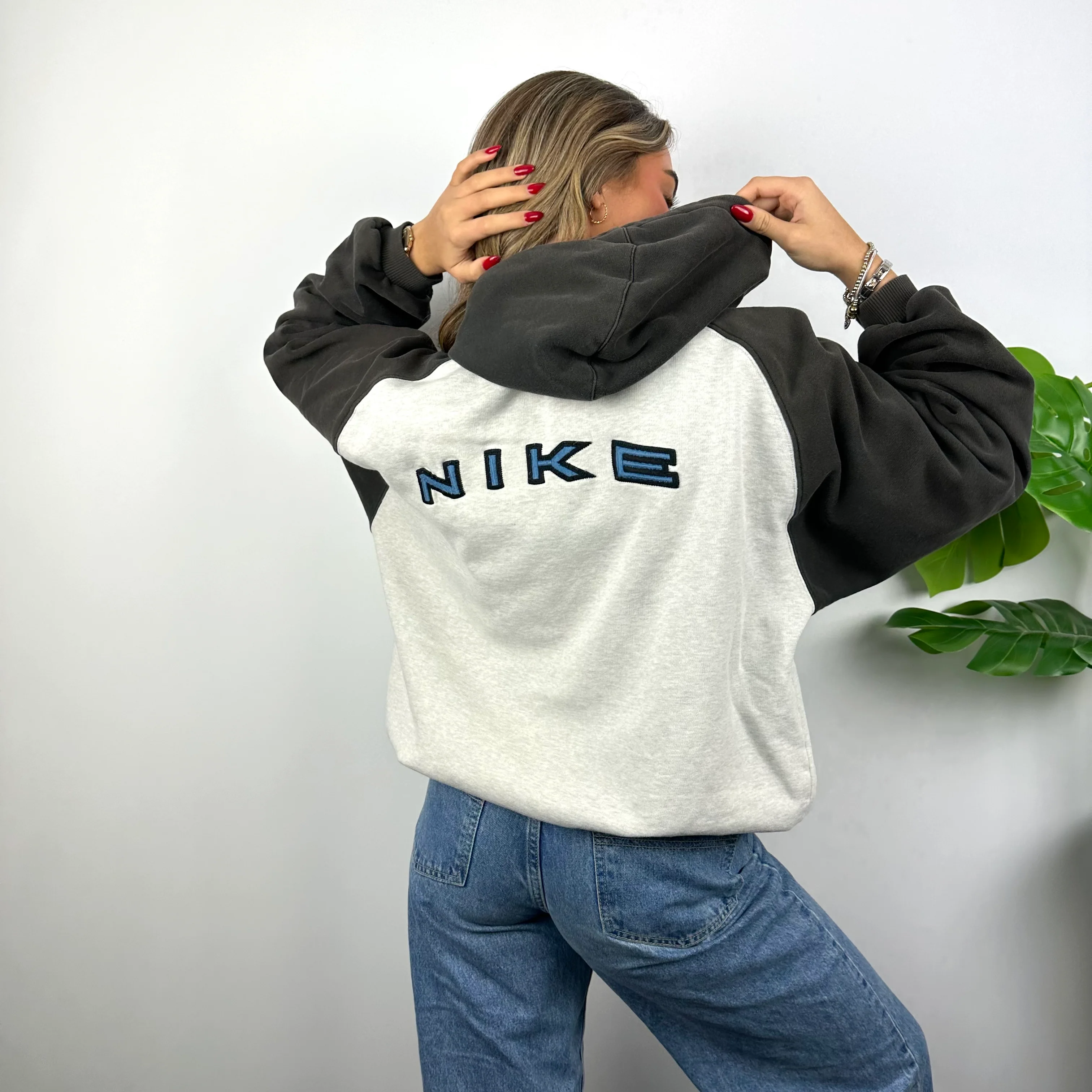 Nike RARE Grey Embroidered Spell Out Zip Up Hoodie Jacket (L) - Image 3
