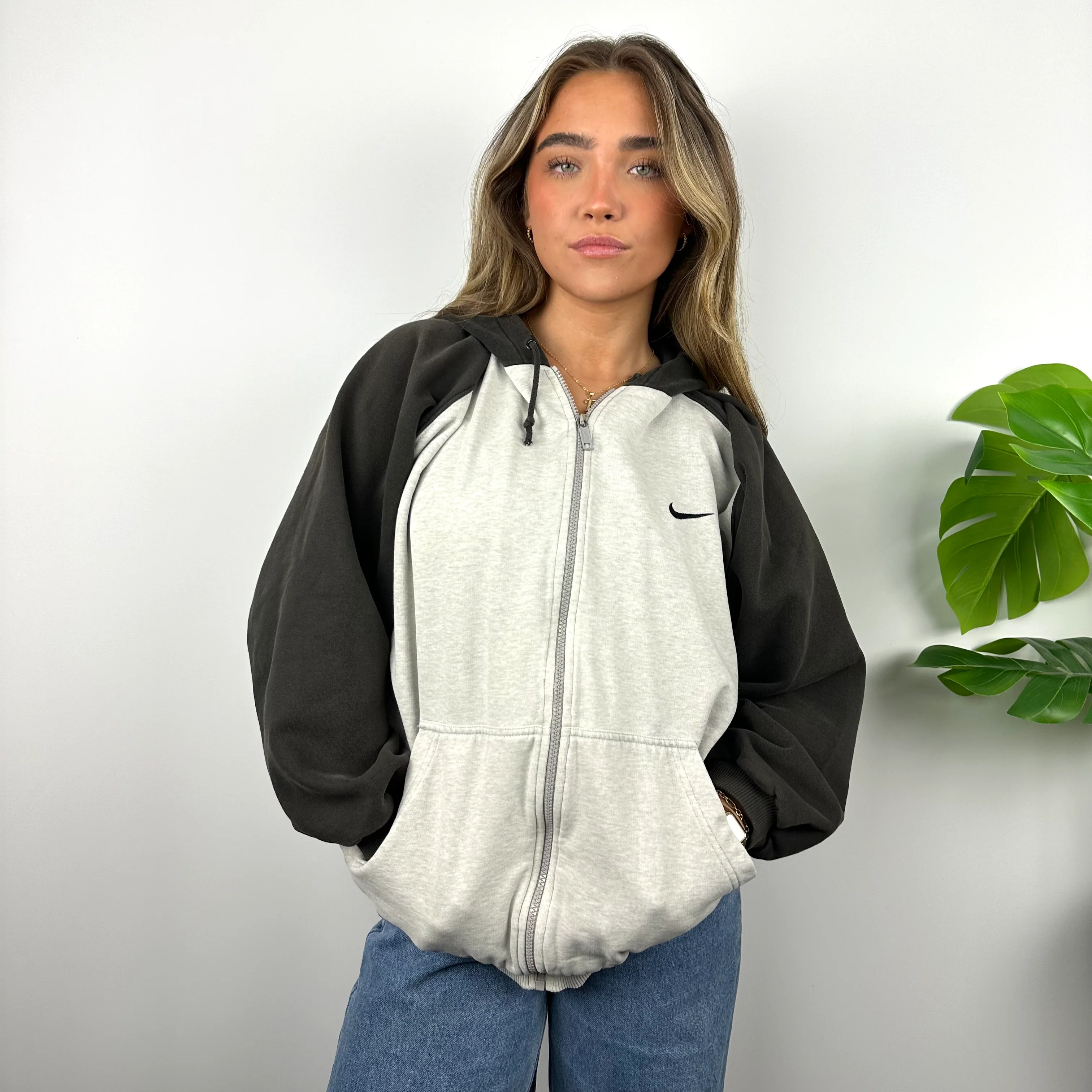 Nike RARE Grey Embroidered Spell Out Zip Up Hoodie Jacket (L) - Image 5