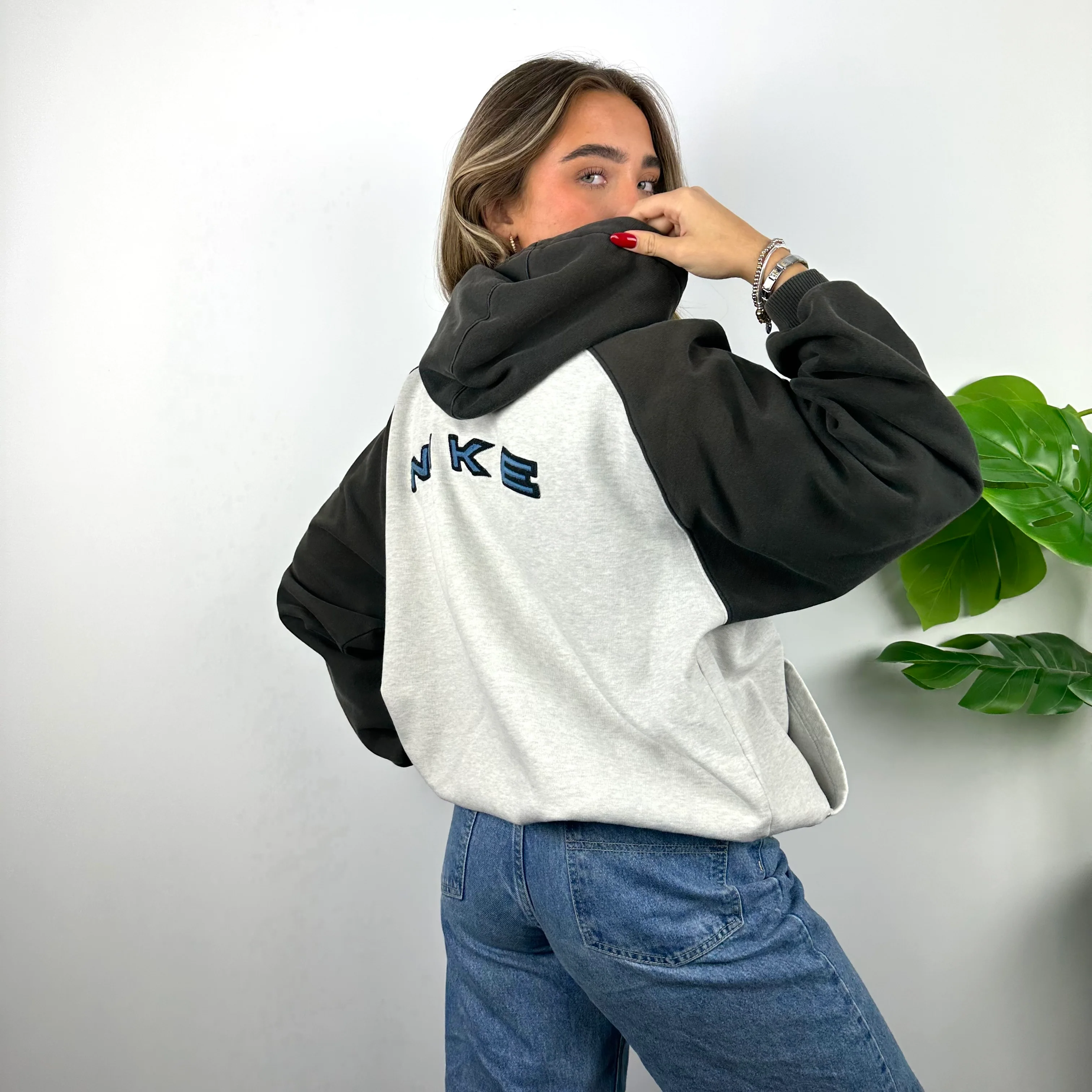 Nike RARE Grey Embroidered Spell Out Zip Up Hoodie Jacket (L) - Image 6