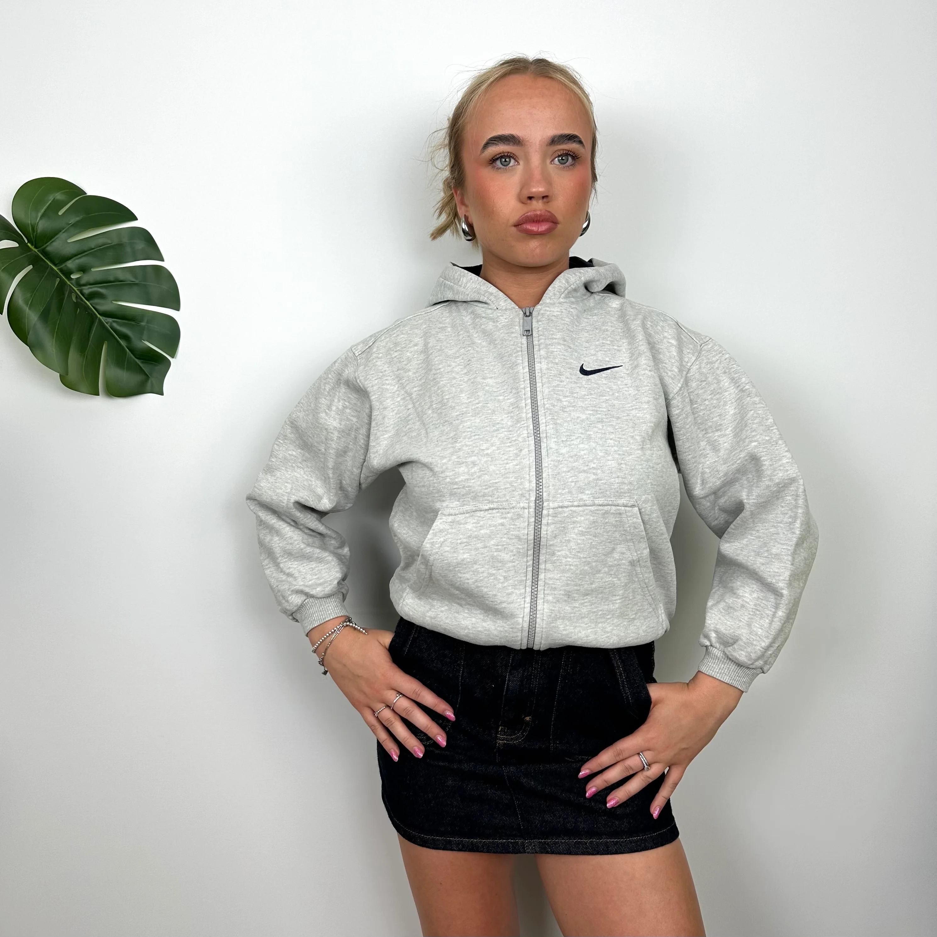 Nike RARE Grey Embroidered Spell Out Zip Up Hoodie Jacket (S) - Image 2