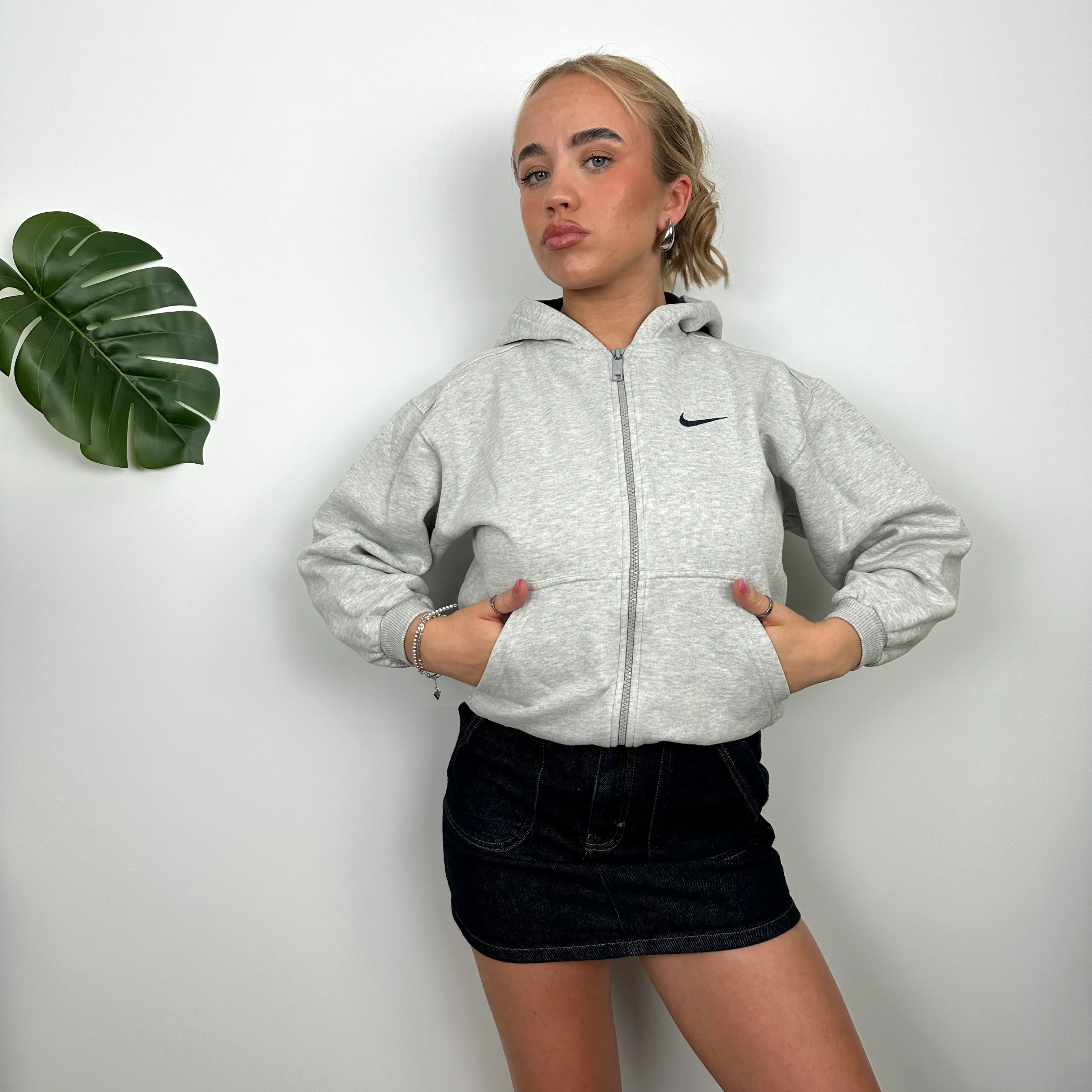 Nike RARE Grey Embroidered Spell Out Zip Up Hoodie Jacket (S) - Image 6