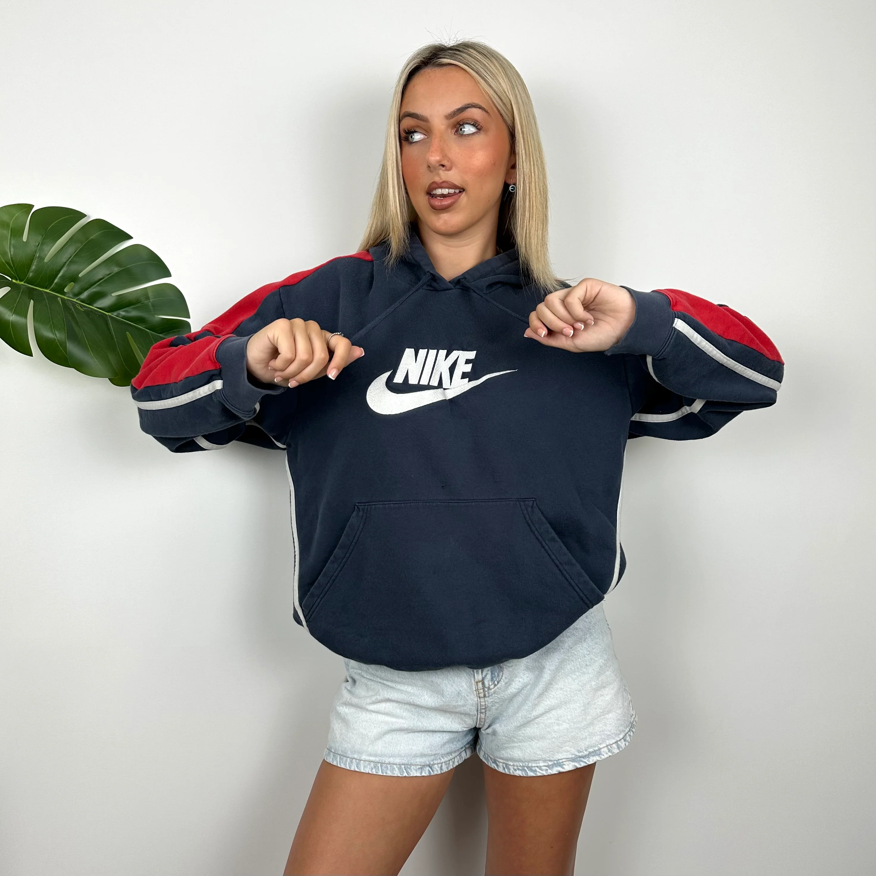 Nike RARE Navy Embroidered Spell Out Hoodie (S) - Image 2
