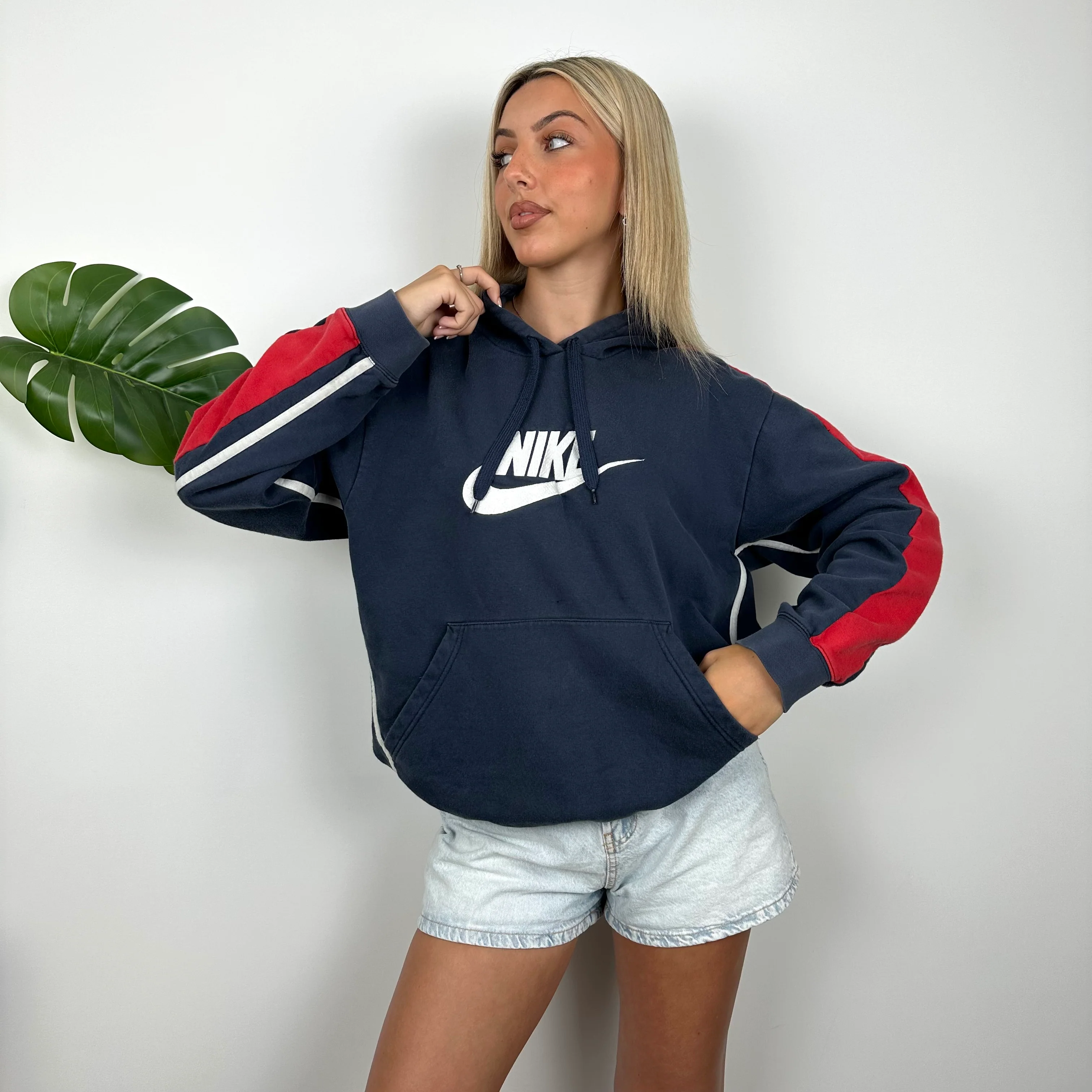 Nike RARE Navy Embroidered Spell Out Hoodie (S) - Image 5