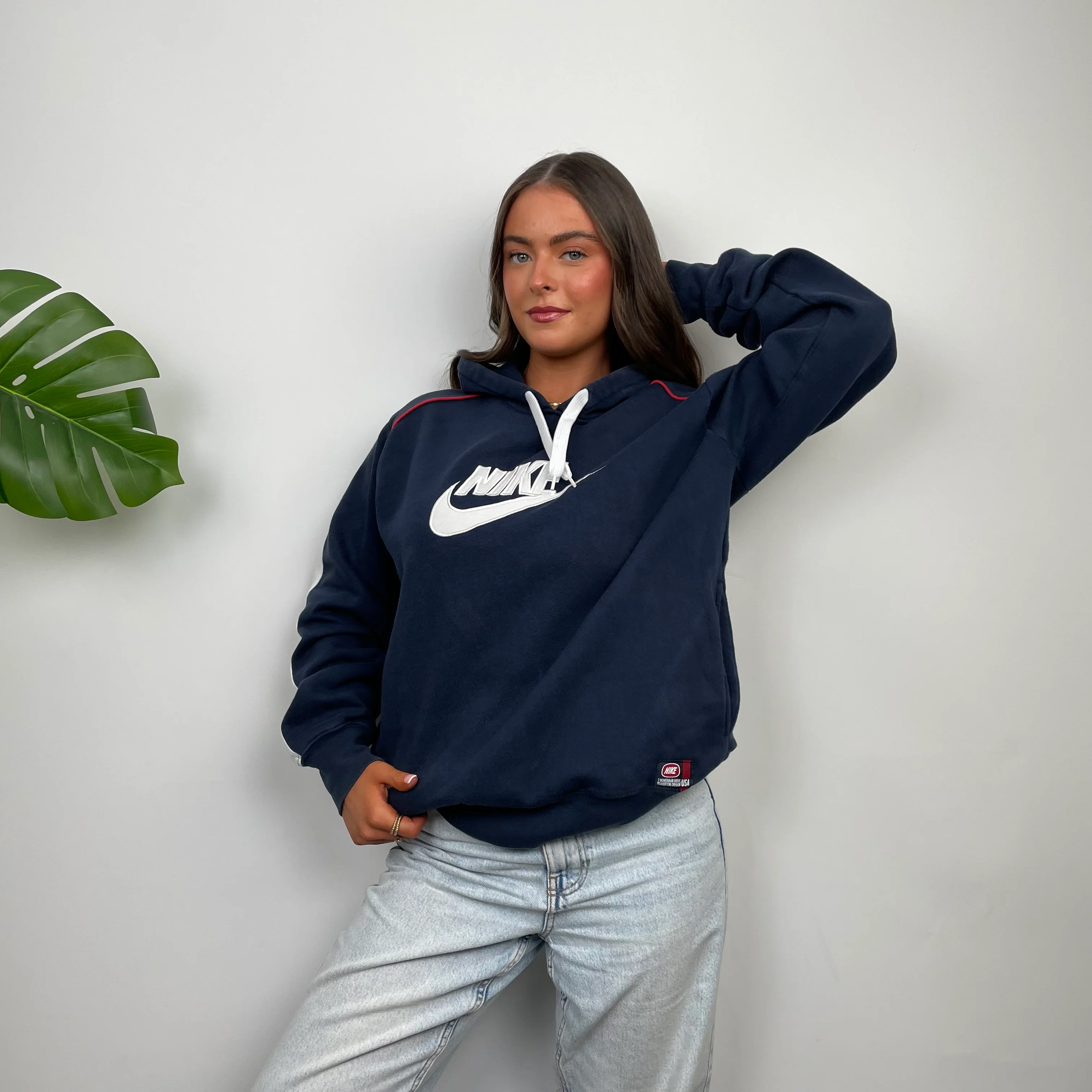 Nike RARE Navy Embroidered Spell Out Hoodie (M) - Image 2