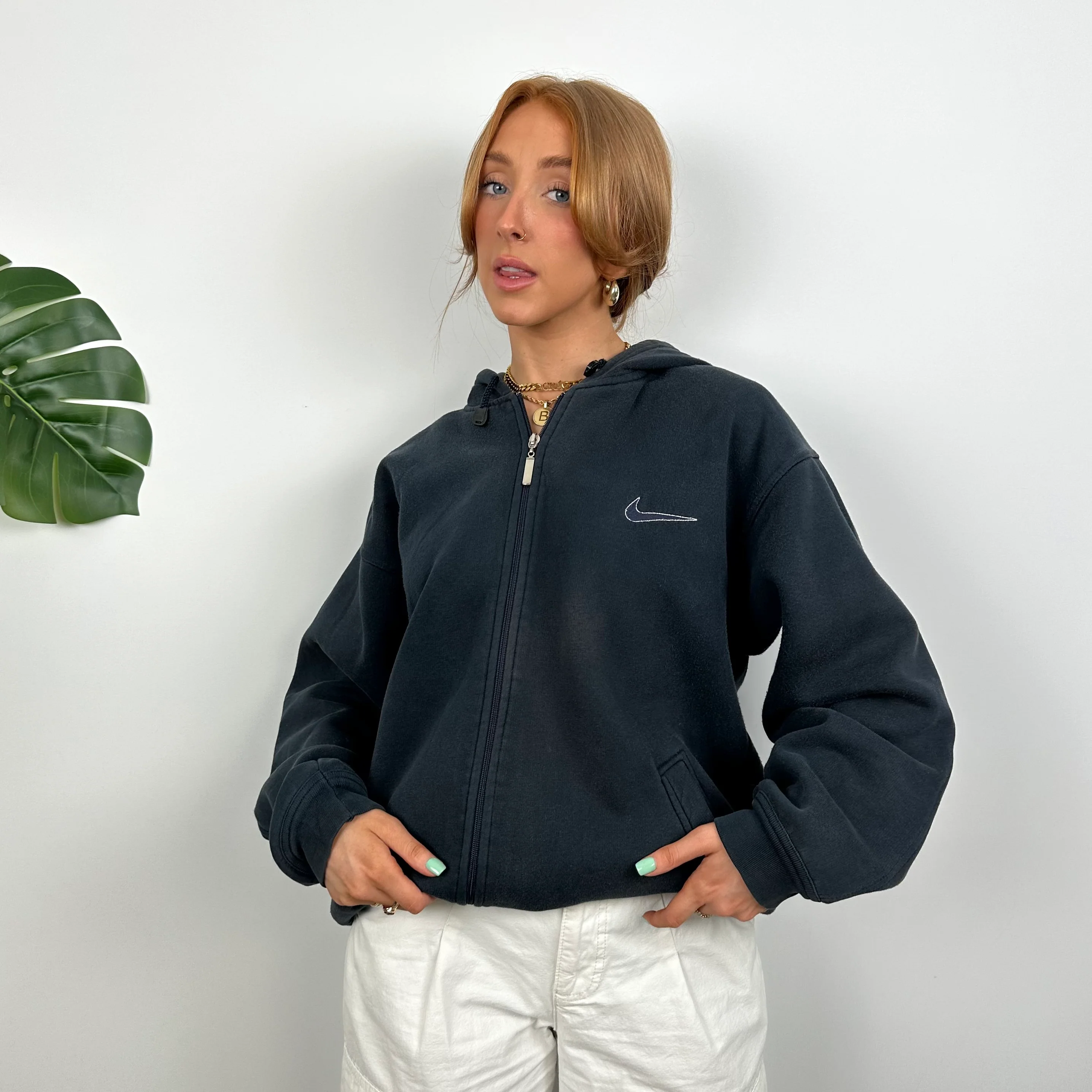 Nike RARE Navy Embroidered Spell out Zip Up Hoodie (M) - Image 2