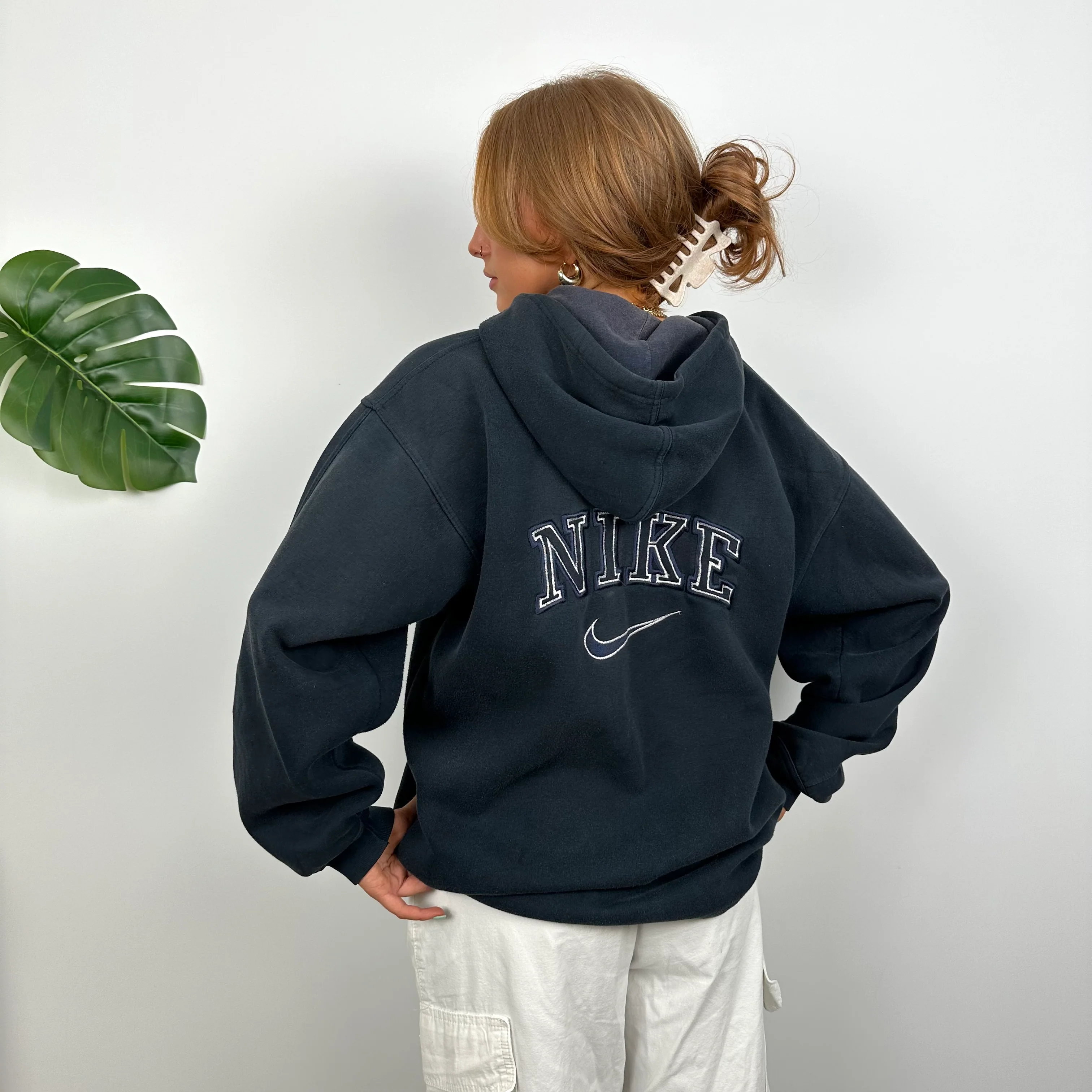 Nike RARE Navy Embroidered Spell out Zip Up Hoodie (M) - Image 3