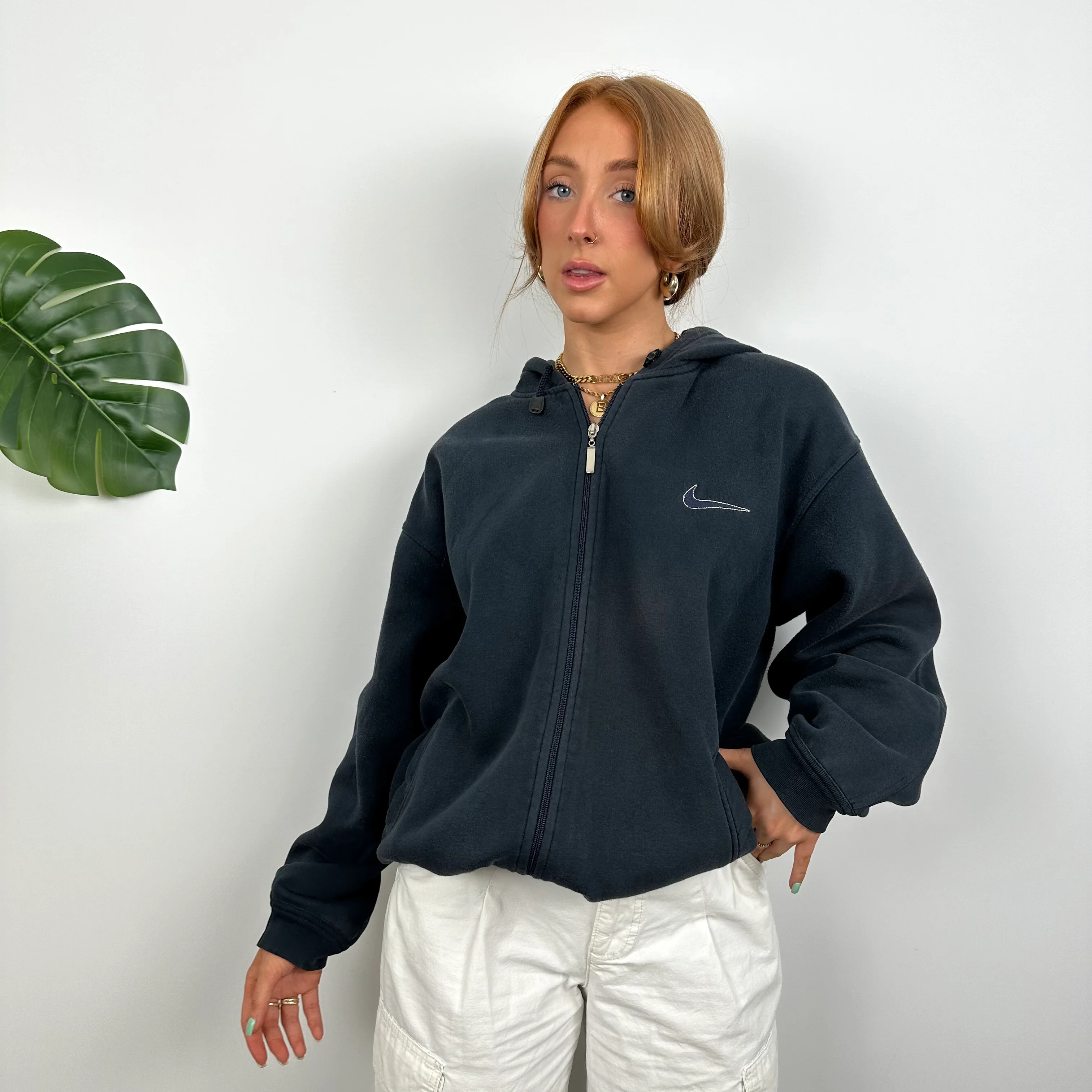 Nike RARE Navy Embroidered Spell out Zip Up Hoodie (M) - Image 4