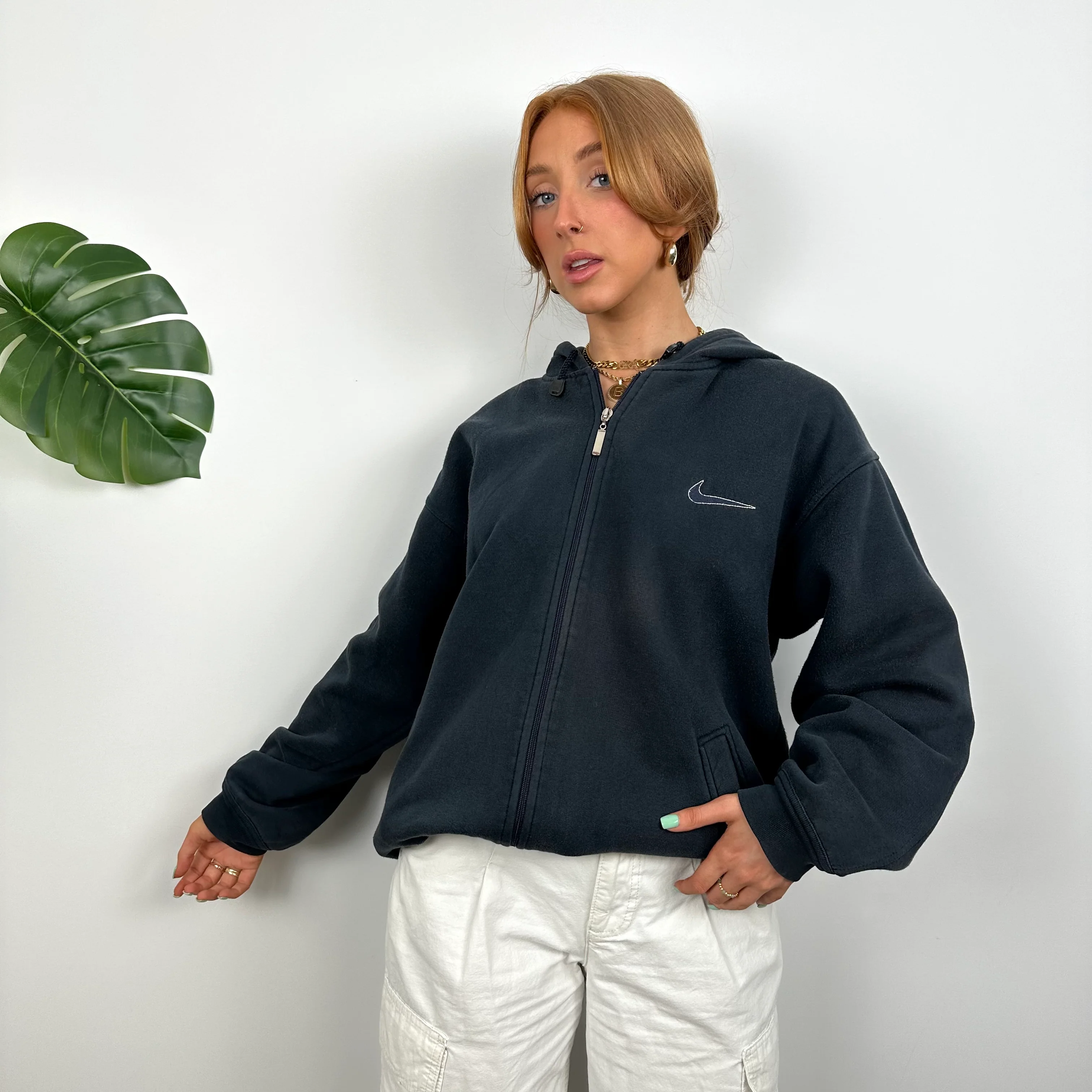 Nike RARE Navy Embroidered Spell out Zip Up Hoodie (M) - Image 5