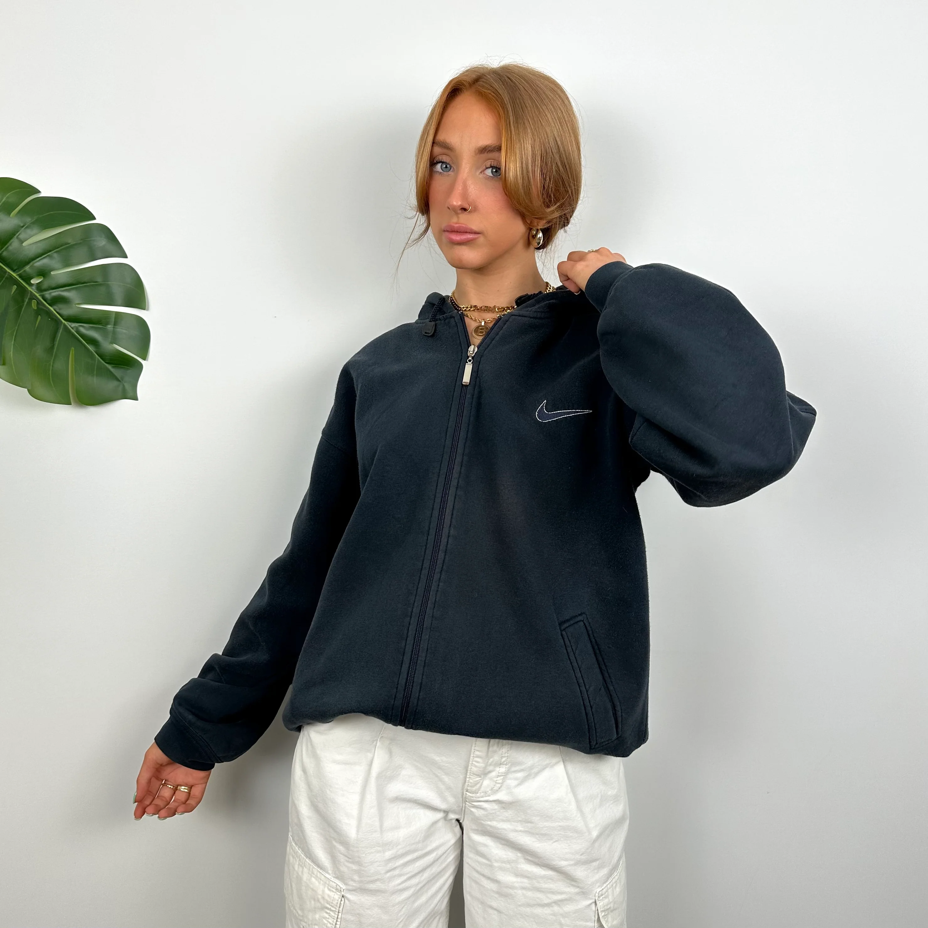Nike RARE Navy Embroidered Spell out Zip Up Hoodie (M) - Image 6