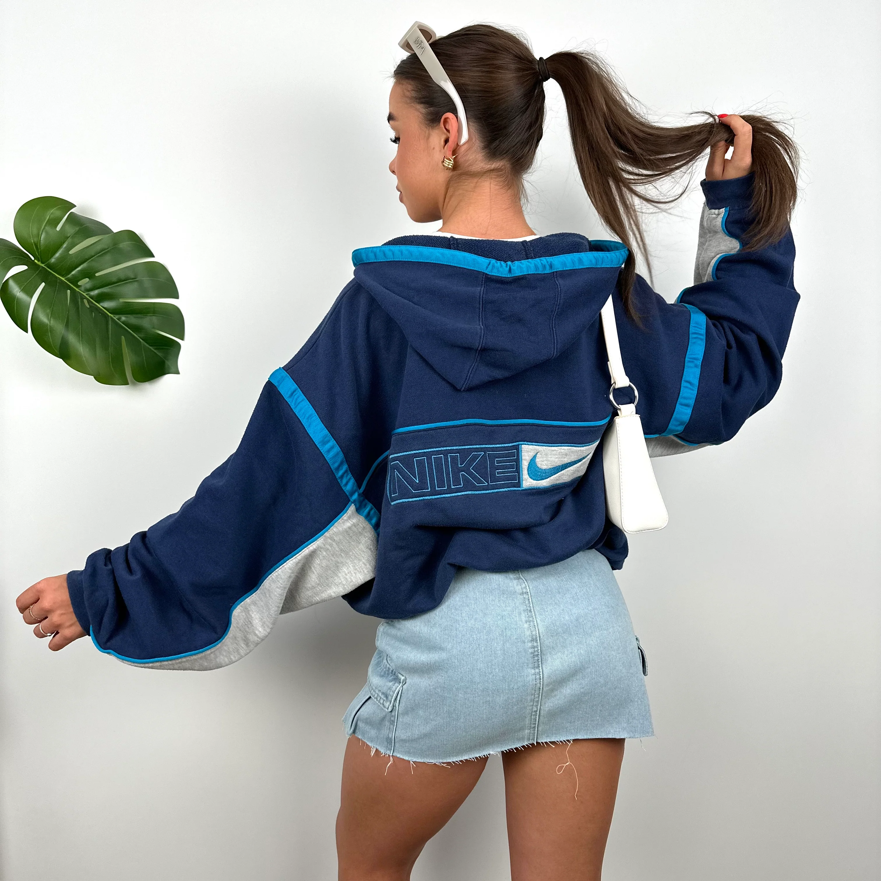 Nike RARE Navy Embroidered Spell Out Zip Up Hoodie Jacket (L) - Image 3