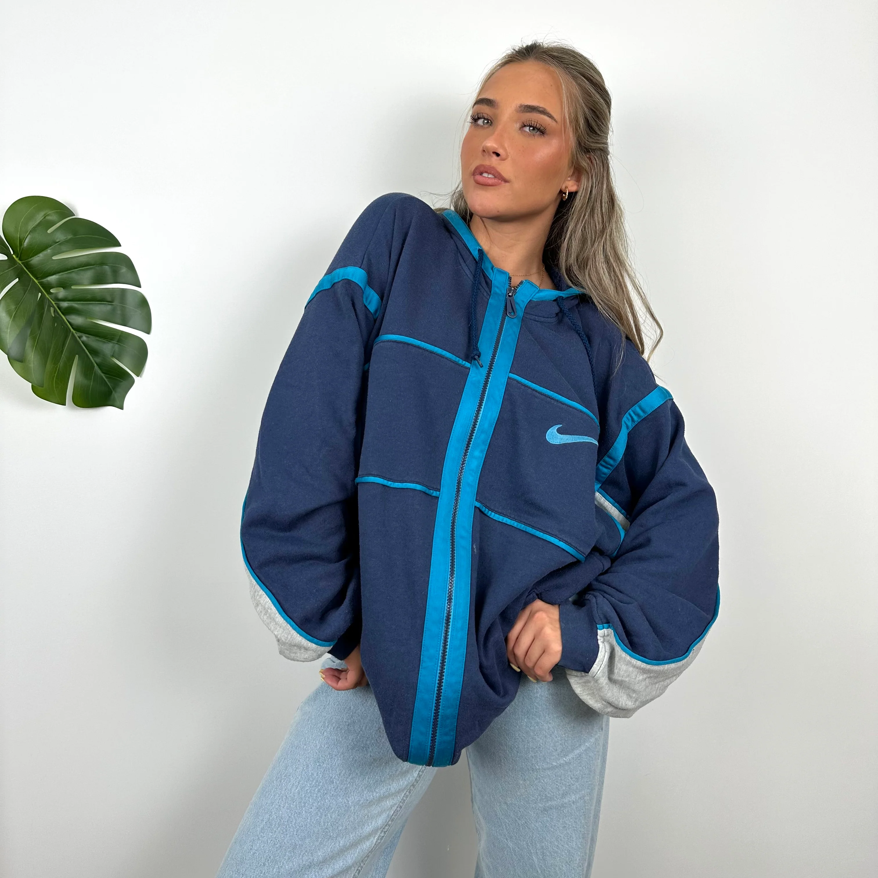Nike RARE Navy Embroidered Spell Out Zip Up Hoodie Jacket (L) - Image 2