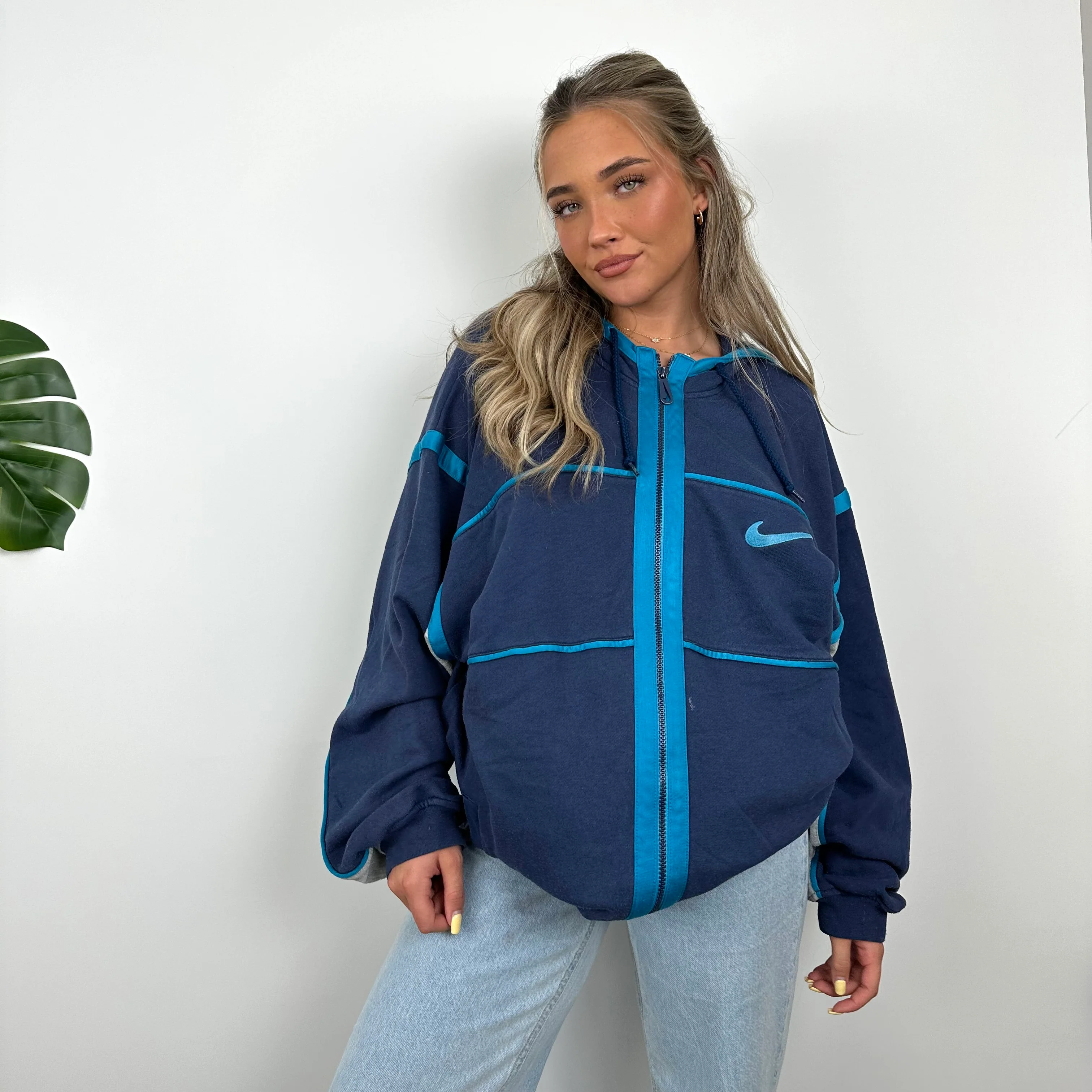Nike RARE Navy Embroidered Spell Out Zip Up Hoodie Jacket (L) - Image 4